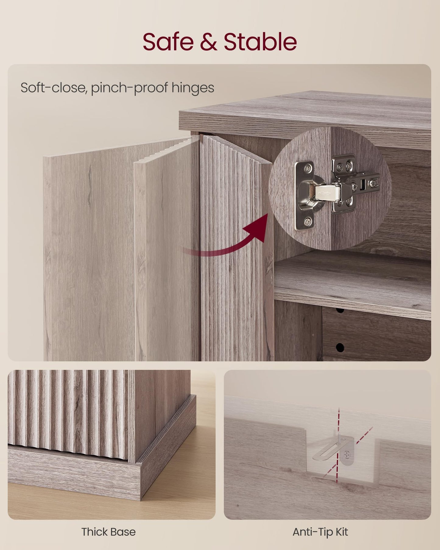 **Transitional Buffet Cabinet, Console Sideboard with Adjustable Shelves and Fluted Doors, Buffet Table for Kitchen or Pantry, Washed Gray**