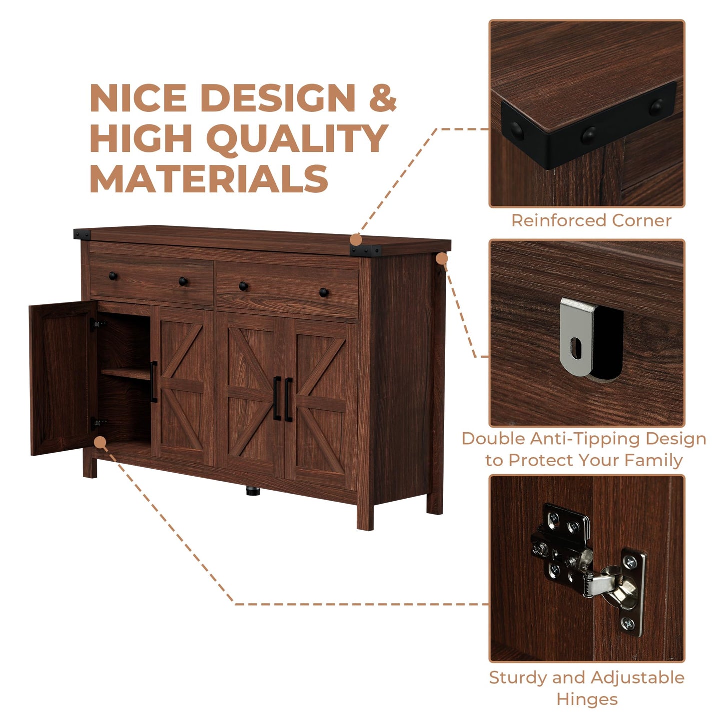 55'' Farmhouse Buffet Cabinet with Storage, Cherry Wood Sideboard Coffee Bar Cabinet with 4 Doors & 2 Drawers, Large Kitchen Storage Cabinet for Dining Room & Living Room