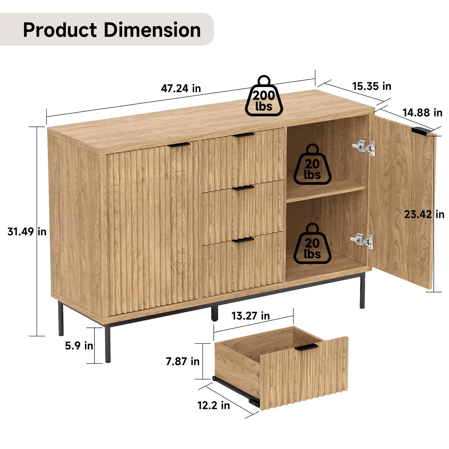 **Fluted Buffet Cabinet with Storage, Modern Sideboard with 2 Doors, 3 Drawers, and Adjustable Shelf, Coffee Bar Cabinet Credenza Buffet Table for Kitchen and Living Room, Oak**