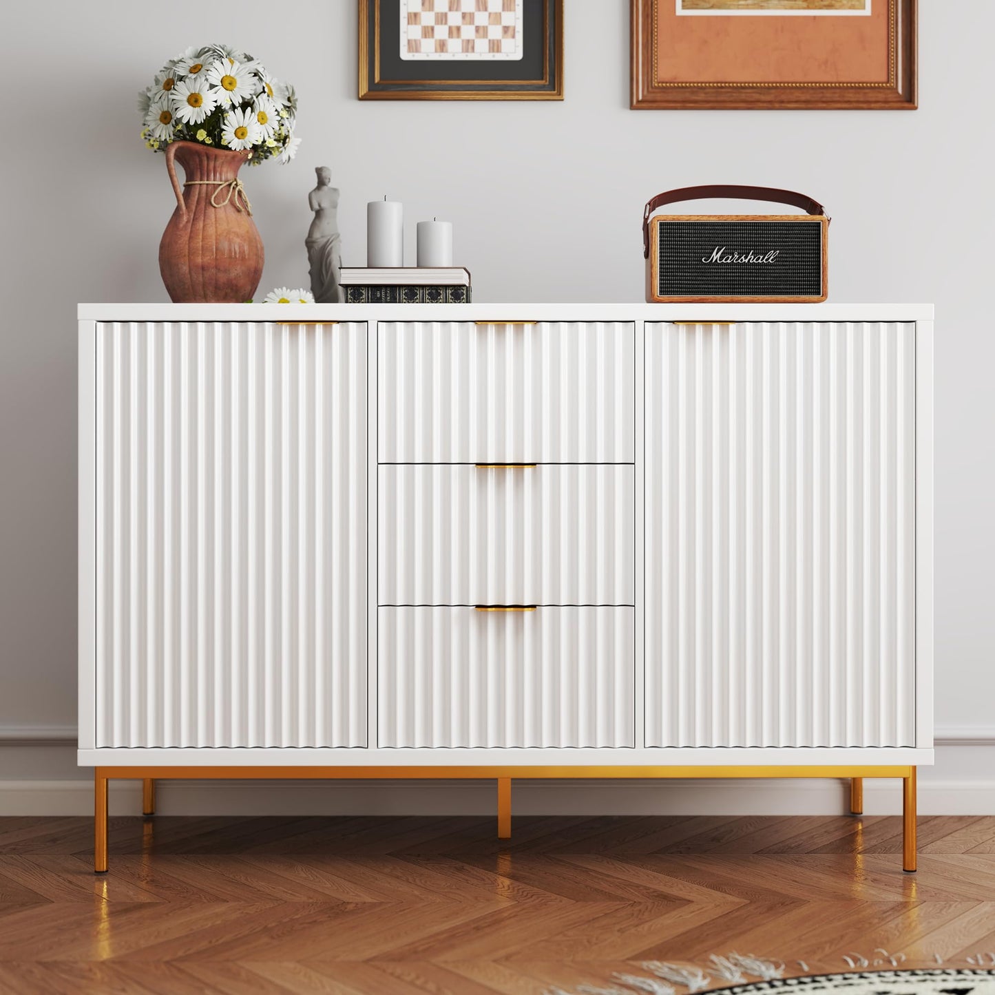 Fluted Buffet Cabinet with 2 Doors, 3 Drawers and Adjustable Shelf, 47" Modern Sideboard Coffee Bar Table for Kitchen and Living Room, White