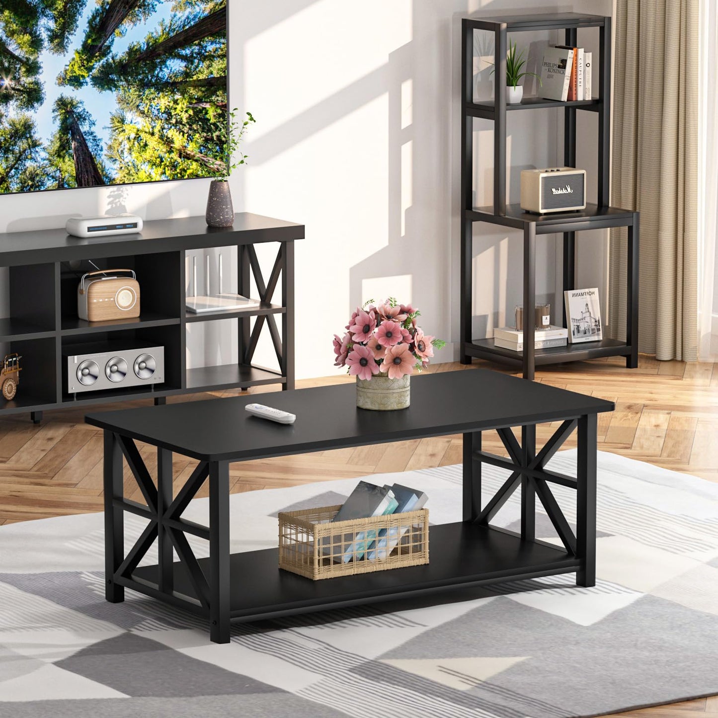 GreenForest 39" Coffee Table with Round Corners, Farmhouse Center Table with 2-Tier Storage Shelf & X-Frame Design for Living Room, Black