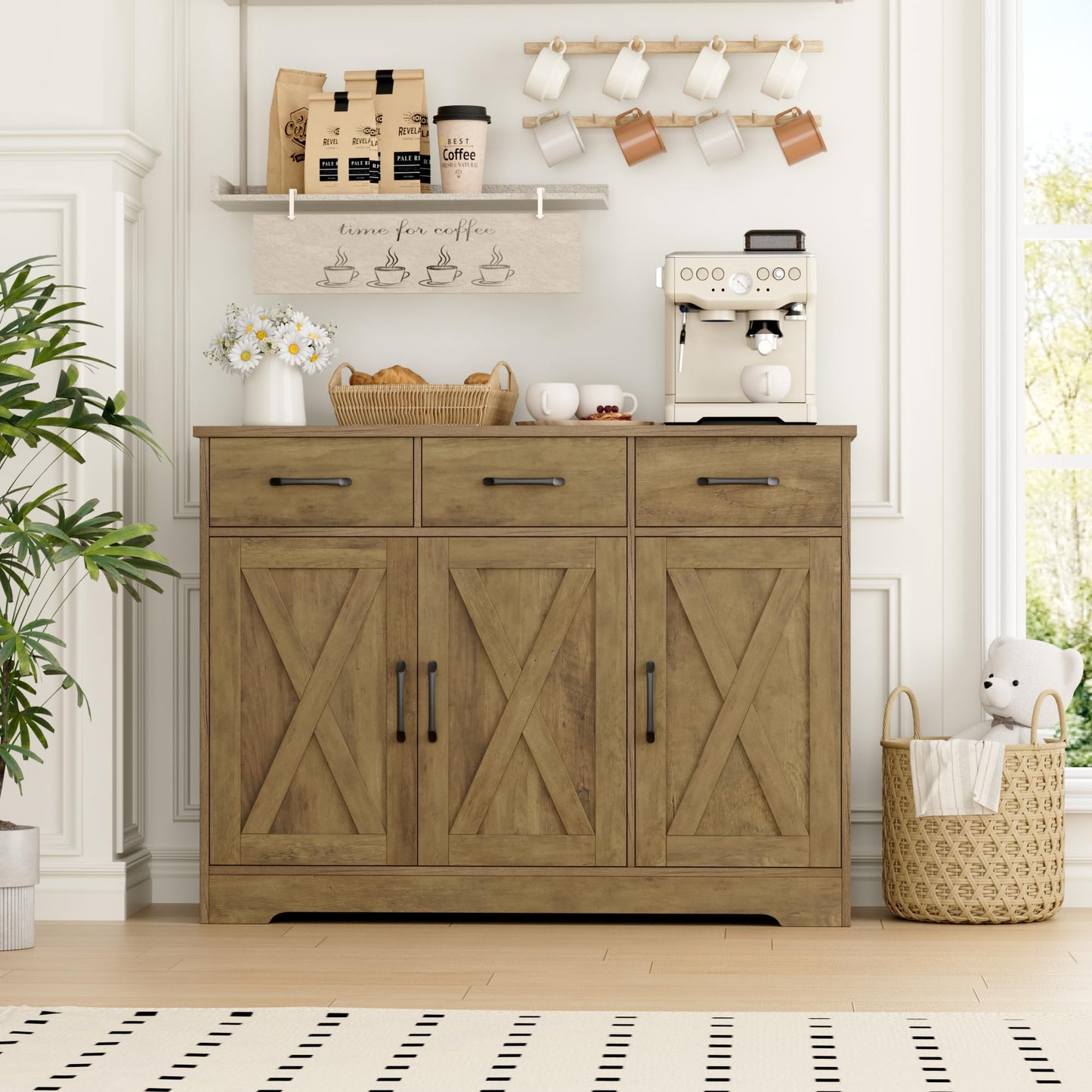 **HOSTACK Modern Farmhouse Buffet Sideboard Cabinet with Barn Doors, Drawers, and Shelves, Wood Coffee Bar Station for Dining Room, Kitchen, or Living Room, Rustic Brown**