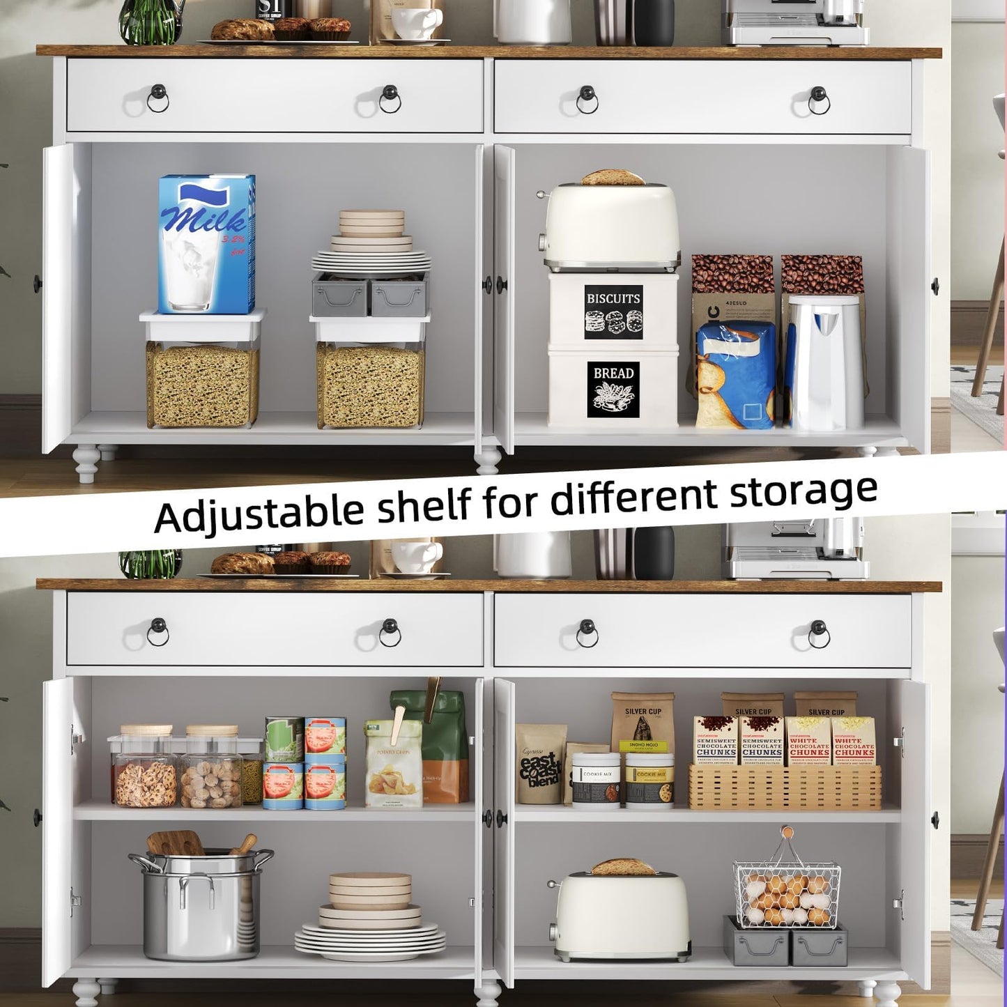 **55" Buffet Cabinet with Storage, Sideboard with 2 Drawers and 4 Doors, Modern Farmhouse Coffee Bar Cabinet, Wood Buffet Table for Kitchen or Dining Room, White**