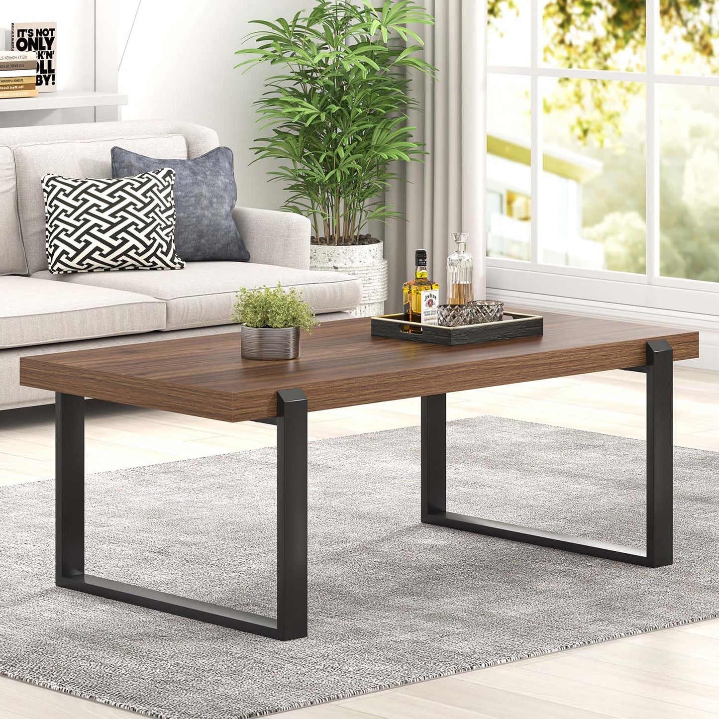 FOLUBAN 47" Modern Coffee Table – Rustic Walnut Wood and Metal Industrial Rectangle Center Table for Living Room