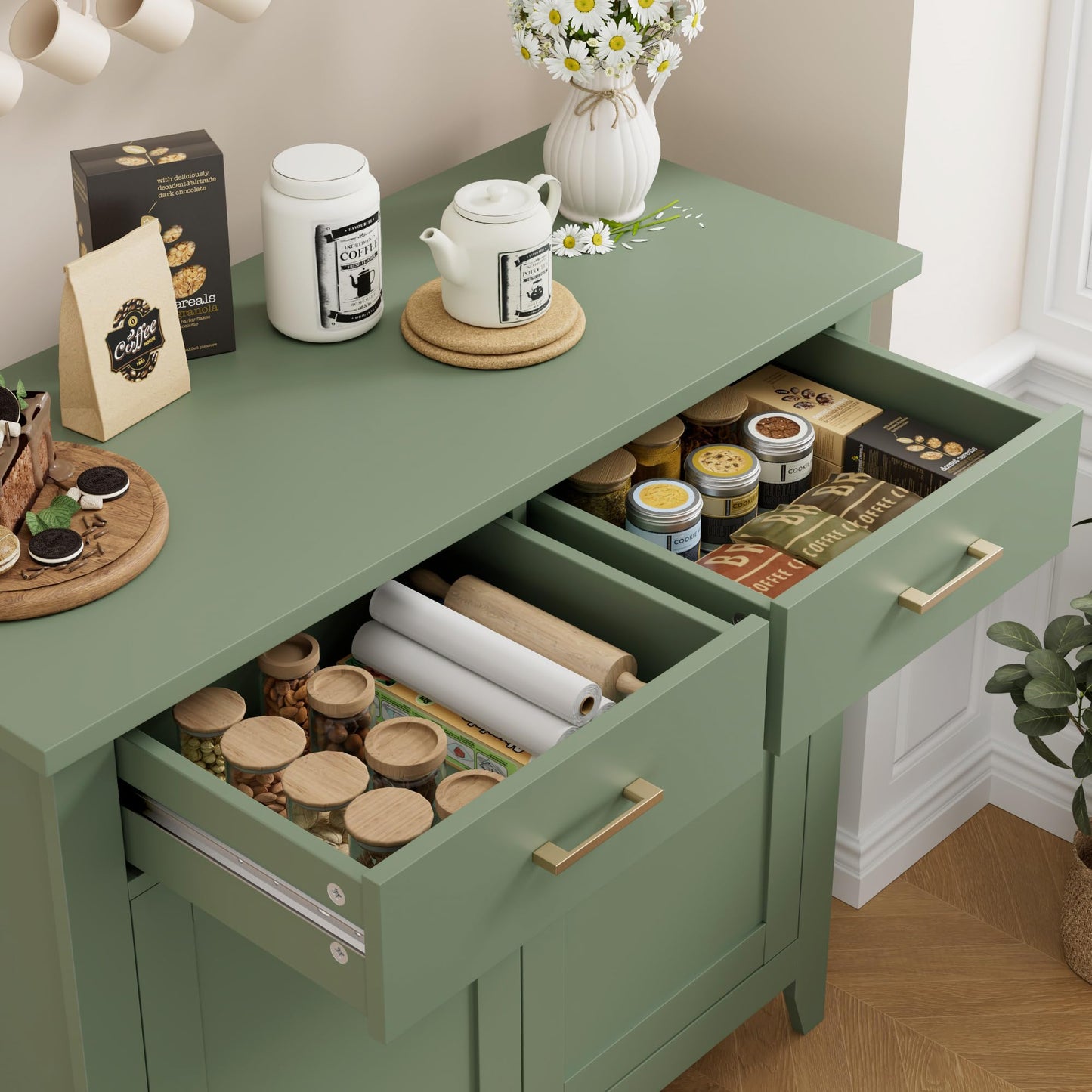 HORSTORS Modern Farmhouse Buffet Cabinet with Storage, Kitchen Sideboard Coffee Bar with 2 Drawers and 2 Doors, Floor Storage Cabinet for Living Room, Dining Room, or Bathroom, Green