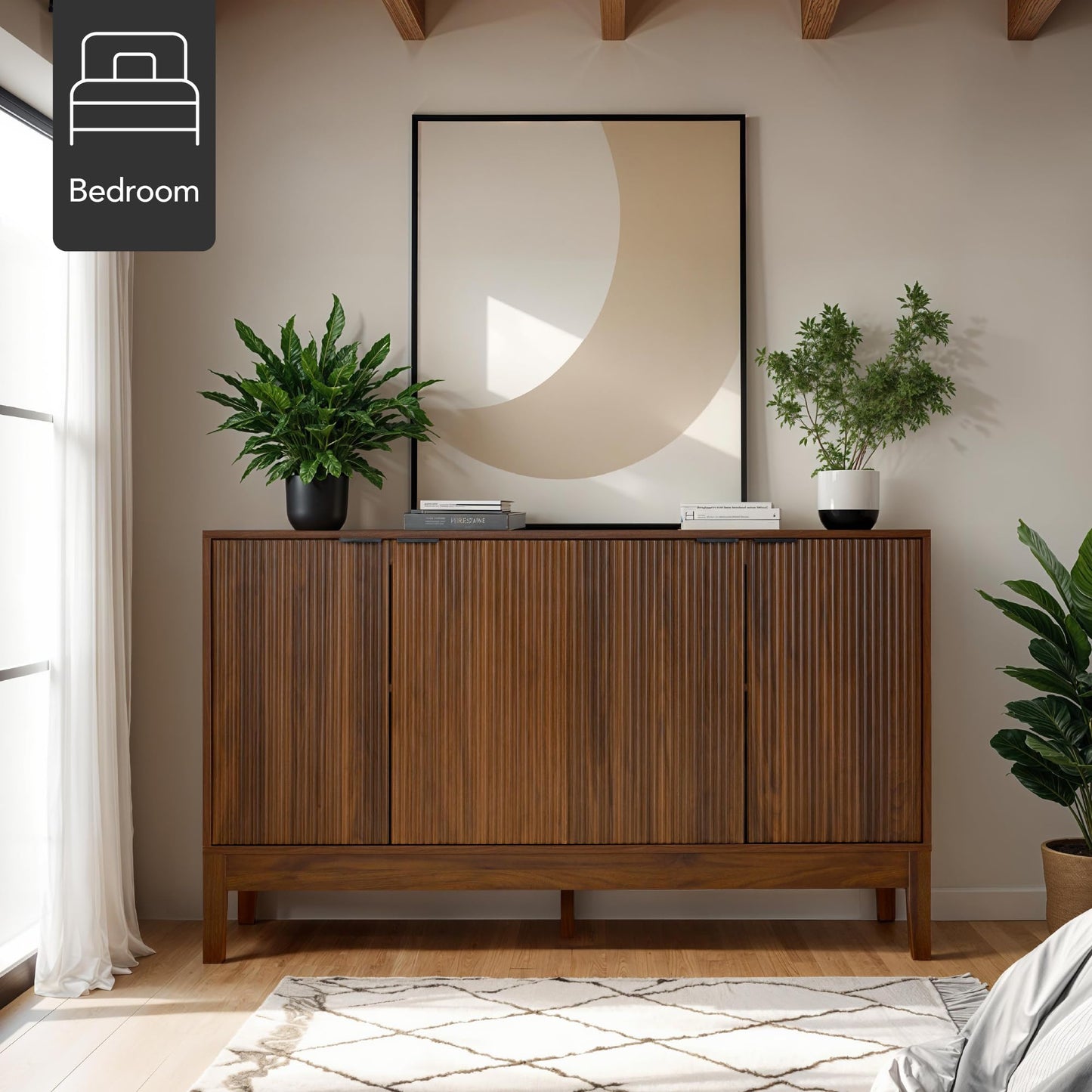 Modern 55" 4-Door Sideboard Storage Cabinet with Reed Panels and Adjustable Shelves, Buffet Media Cabinet for Entryway or Living Room, Walnut