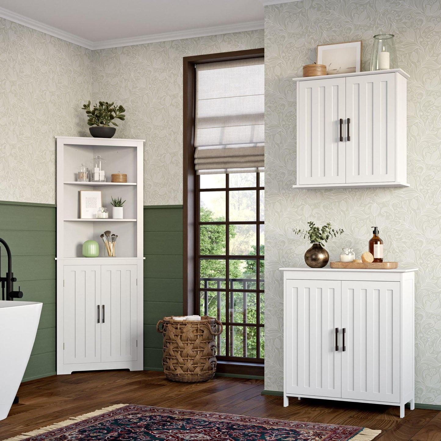 Two-Door Floor Storage Cabinet with Adjustable Shelves, Bathroom Storage with Soft-Close Doors, White Finish with Matte Black Handles