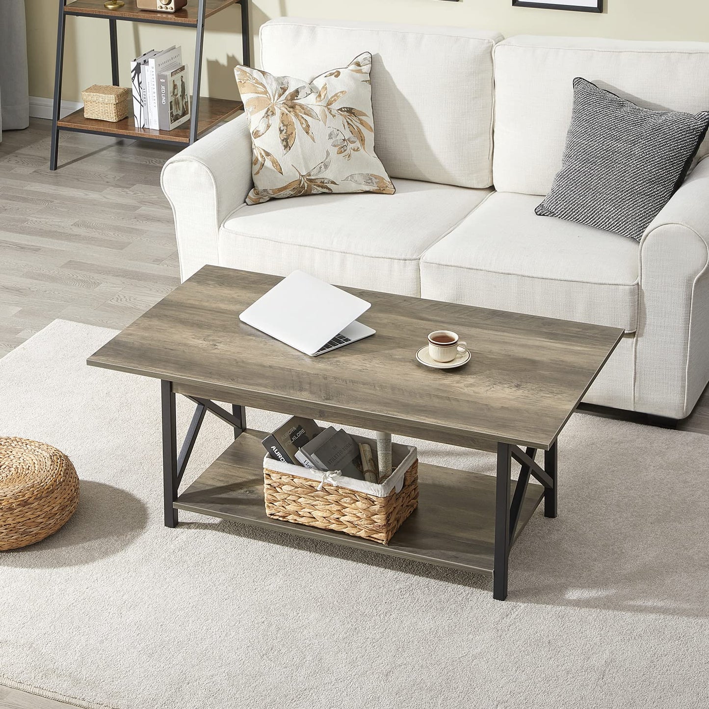 GreenForest 43" Large Modern Coffee Table – Grey Wash X-Frame Farmhouse Table with Storage, Space-Saving Center Table for Living Room, Easy Assembly