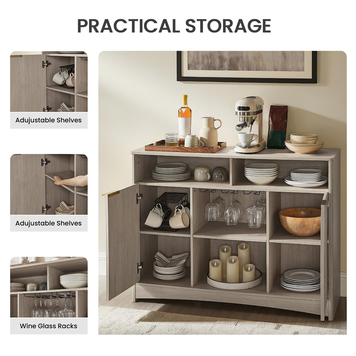 Coffee Bar Cabinet with Wine Glass Rack, 47" Buffet Sideboard with Adjustable Shelves and Soft-Close Hinges, Holds 200 lbs, Grey