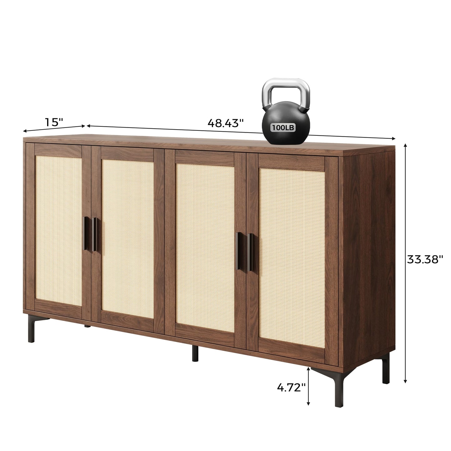 **JASIWAY Modern Rattan Sideboard Buffet Cabinet, 42"W x 34.66"H x 15"D, Brown, 4-Door Kitchen Buffet Cabinet with 3 Adjustable Shelves, Accent Storage for Dining Room and Living Room**