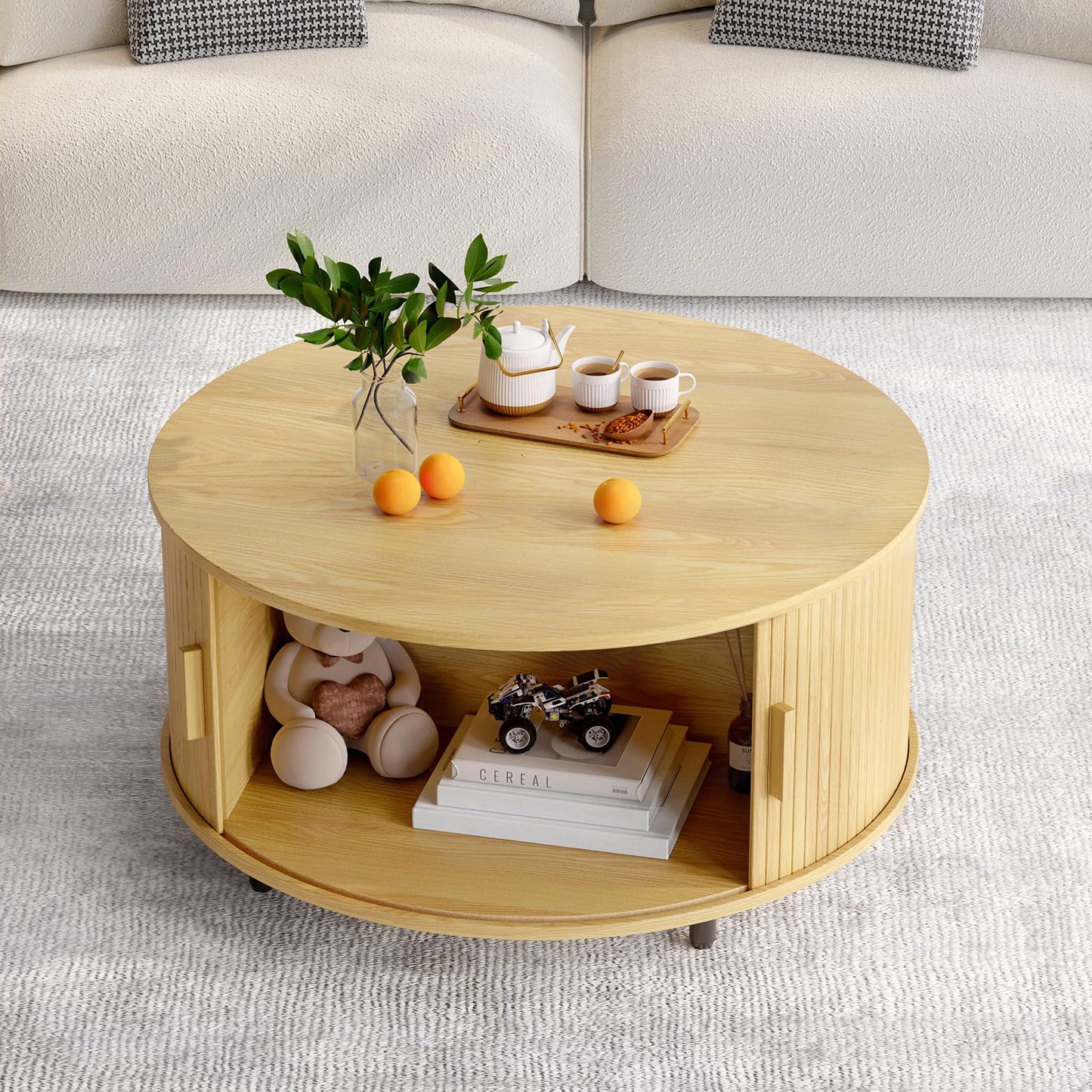 Round Coffee Table with Storage, 31.5" Modern Fluted Wood Table with 360° Sliding Door and Adjustable Footpads, Oak