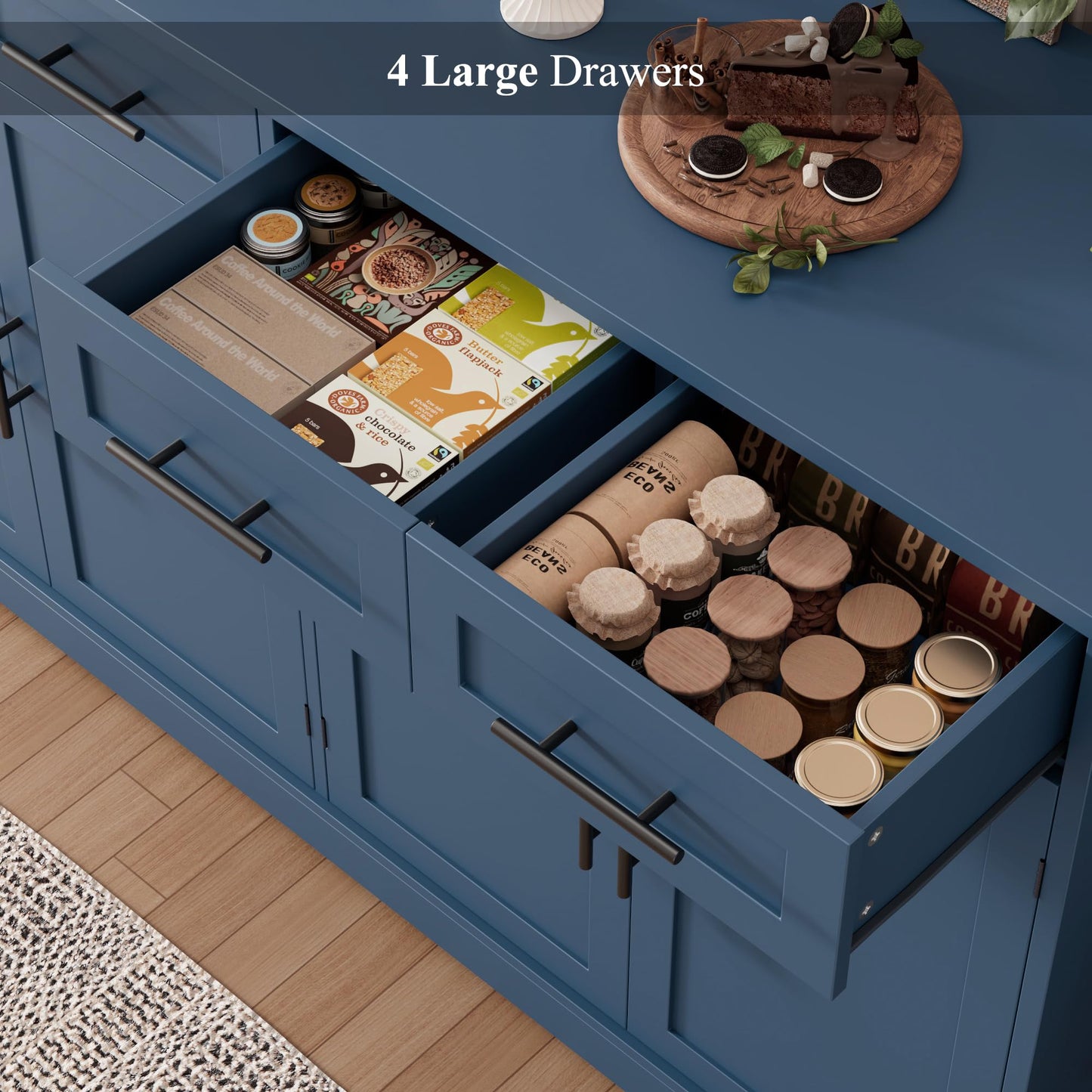 60" Large Buffet Sideboard with 4 Drawers and Storage, 36" Tall Modern Kitchen Cabinet with Silver Handles, Black