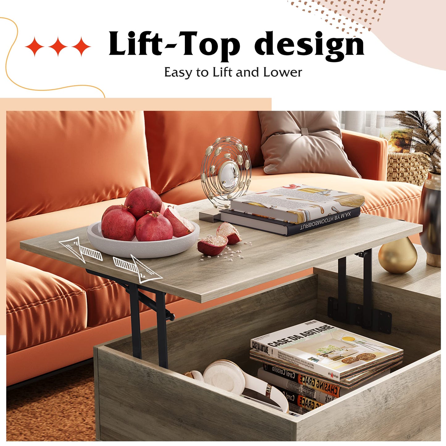 WLIVE Greige Lift Top Coffee Table – Mid-Century Modern Small Table with Adjustable Shelf & Storage Compartment for Living Room