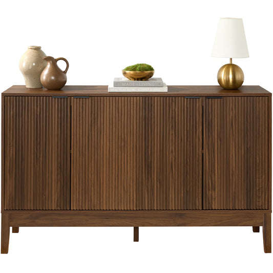 Modern 55" 4-Door Sideboard Storage Cabinet with Reed Panels and Adjustable Shelves, Buffet Media Cabinet for Entryway or Living Room, Walnut