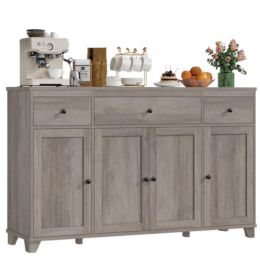 **HIFIT 55" Large Kitchen Buffet Cabinet with Storage, Farmhouse Sideboard with Drawers, Doors, and Shelves, Wood Coffee Bar for Kitchen, Dining, or Living Room, Ash Grey**
