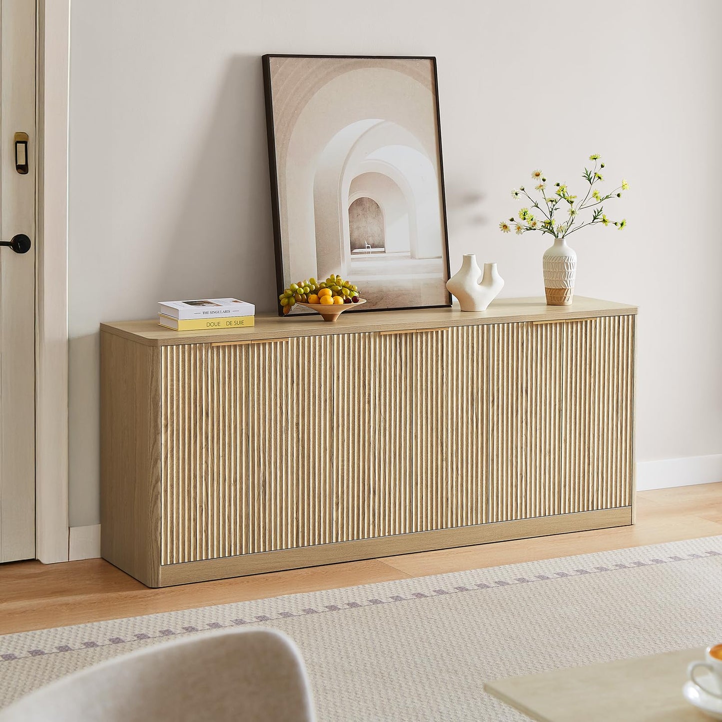 67" Fluted Oak Buffet Cabinet Sideboard with 6 Doors, Large Wood Mid-Century Modern Credenza Storage for Kitchen and Living Room