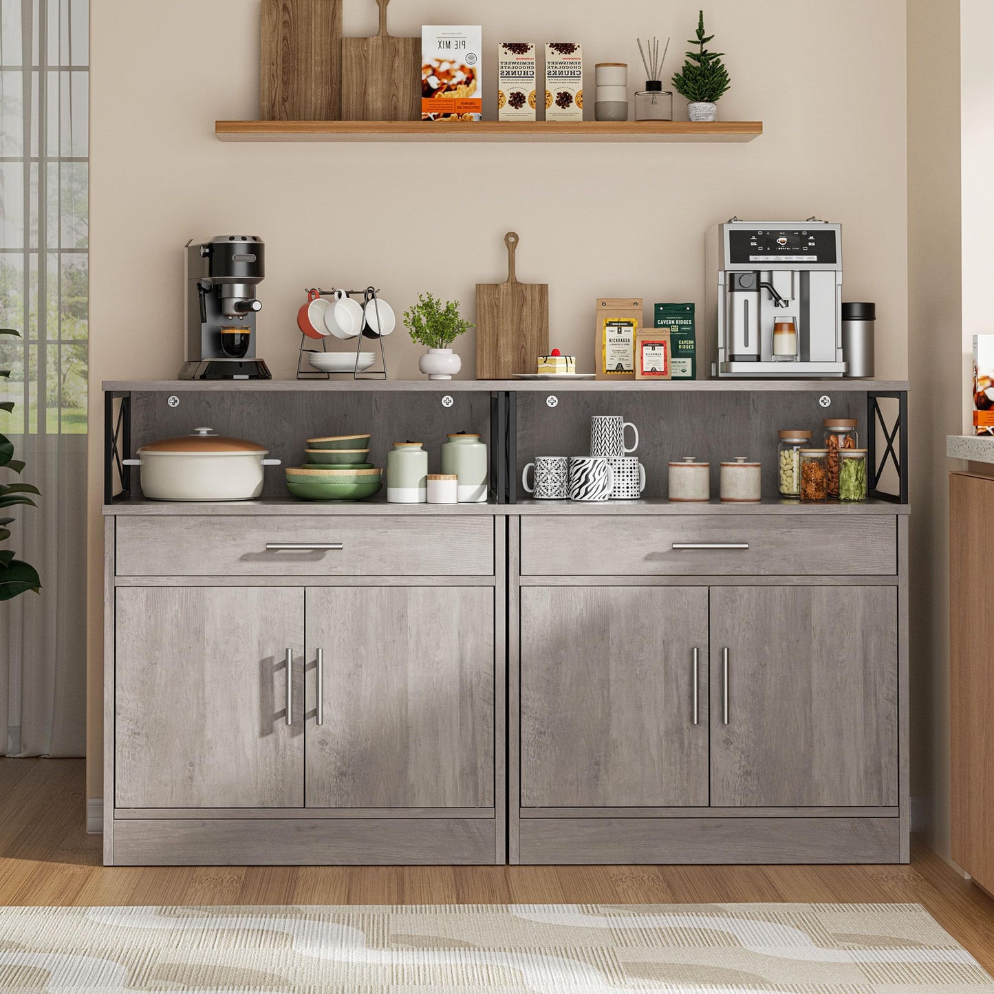 **Shintenchi Modern Kitchen Buffet Cabinet with Adjustable Shelf, Farmhouse Coffee Bar Storage Cabinet, Ash Grey**