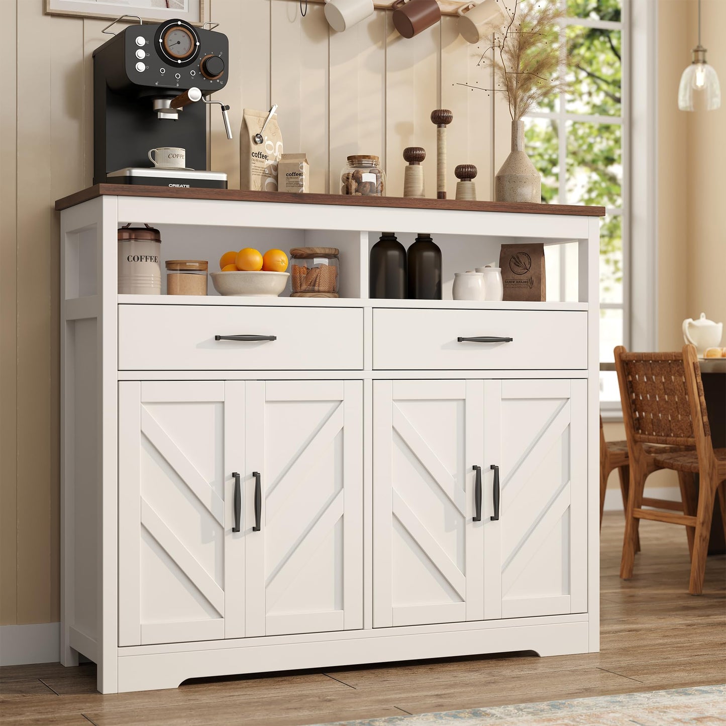 **47" Farmhouse Buffet Sideboard with Storage, 4-Door Kitchen Cabinet with Shelves, Wood Coffee Bar Cabinet for Kitchen, Dining Room, or Entryway**