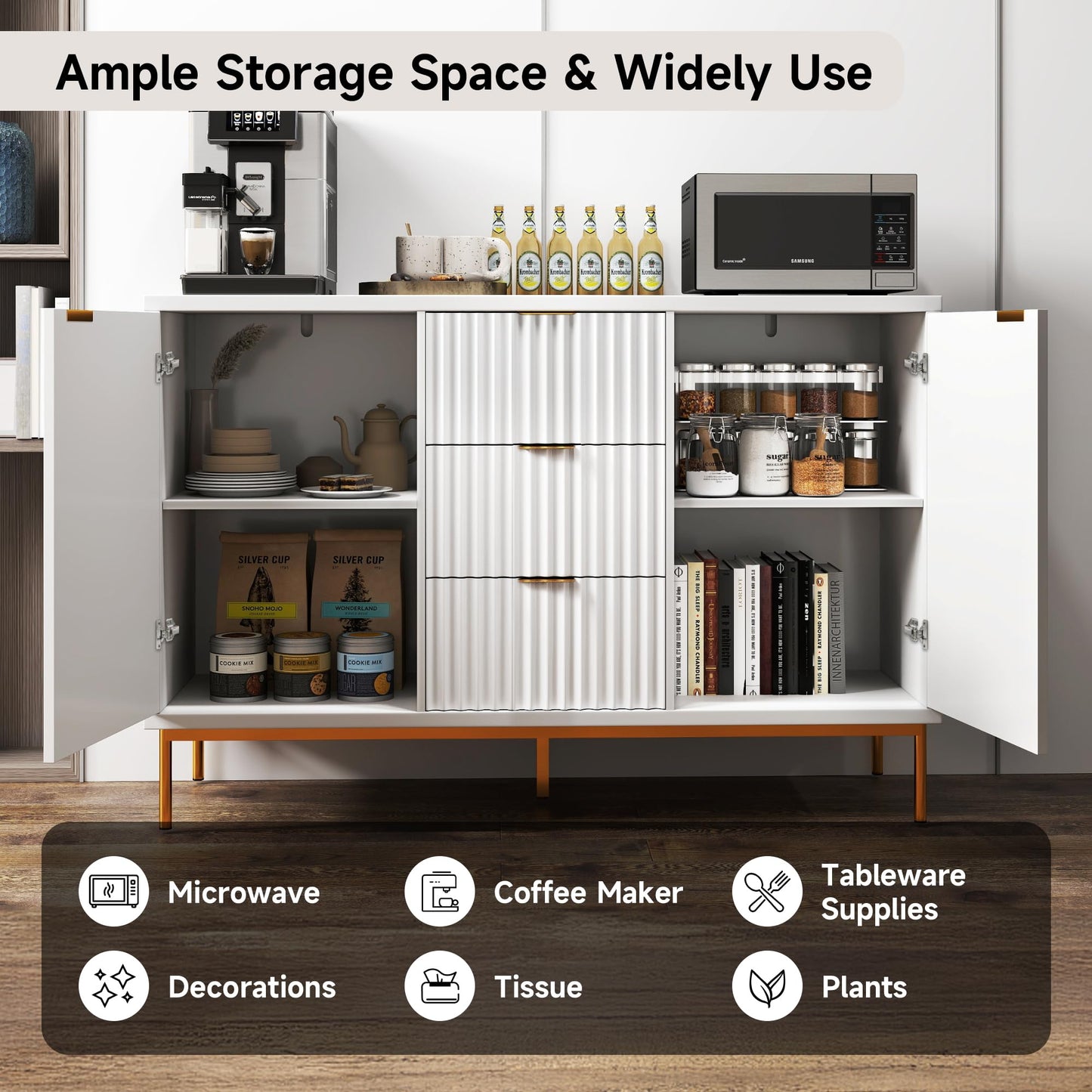 Fluted Buffet Cabinet with 2 Doors, 3 Drawers and Adjustable Shelf, 47" Modern Sideboard Coffee Bar Table for Kitchen and Living Room, White