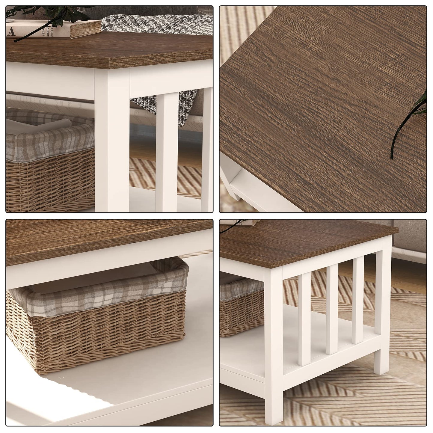 White Farmhouse Coffee Table with Shelf, 40 Inch Living Room Table