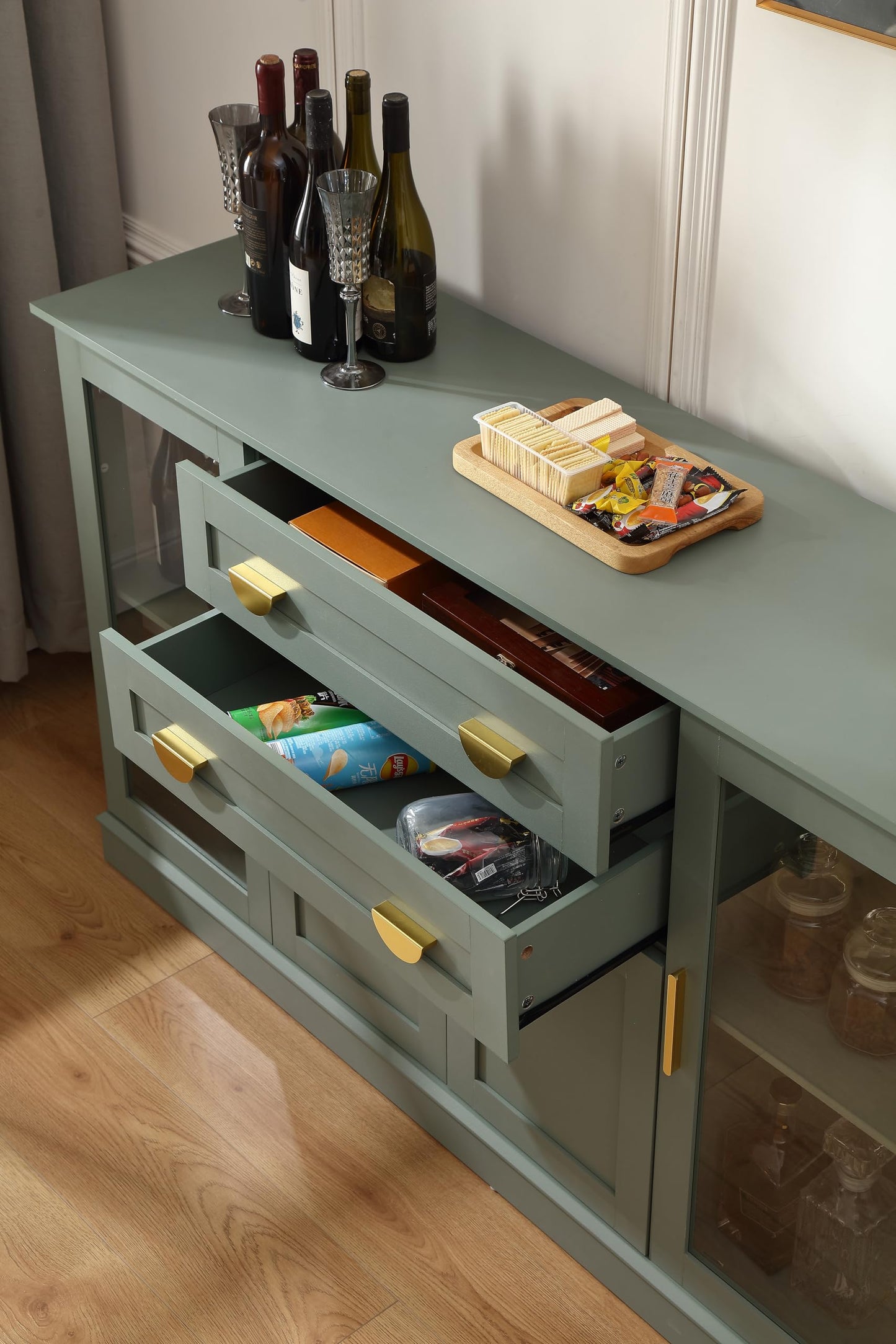 **58.27'' Buffet Cabinet with 2 Drawers and Adjustable Shelves, Large Glass Door Coffee Bar Cabinet, Modern Farmhouse Sideboard Credenza for Kitchen, Dining Room, Green**