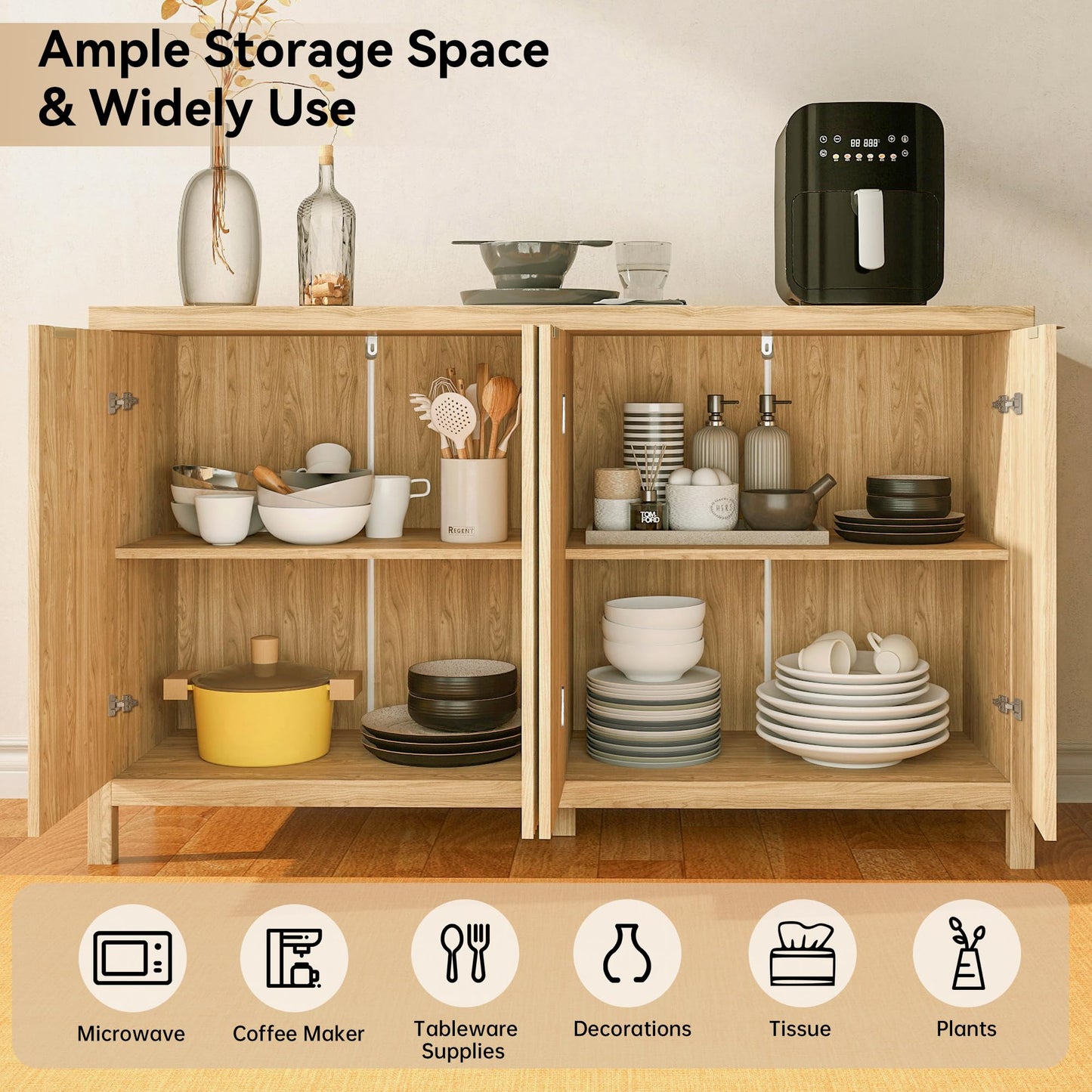 Fluted Sideboard Buffet Cabinet with 4 Doors and Adjustable Shelves, Modern Credenza Coffee Bar Table, Natural Oak