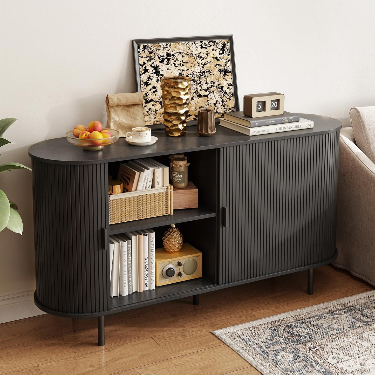 **55" Sideboard Buffet Cabinet with Storage, Sliding Door & Adjustable Shelf, Modern Accent Coffee Bar Console Table for Kitchen or Entryway, Black**