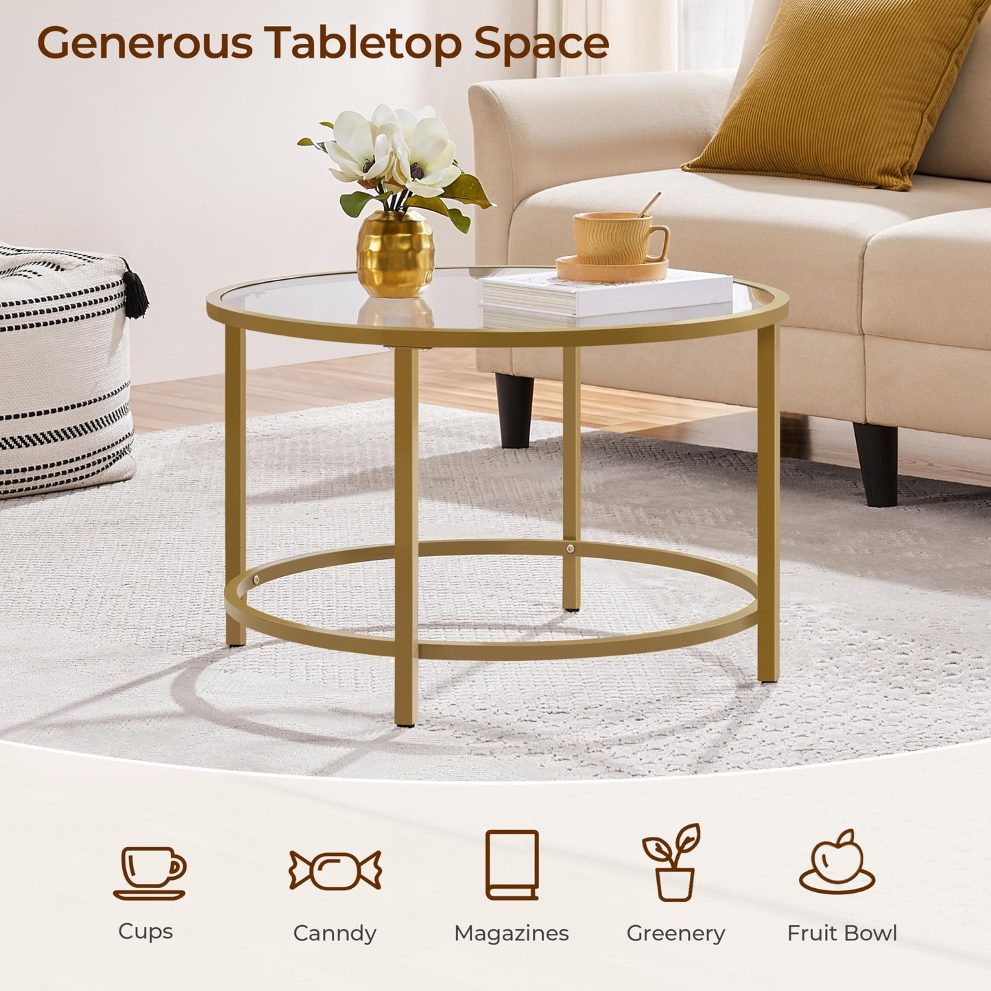27.6" Round Glass Coffee Table with Gold Metal Frame for Living Room, Office, or Apartment