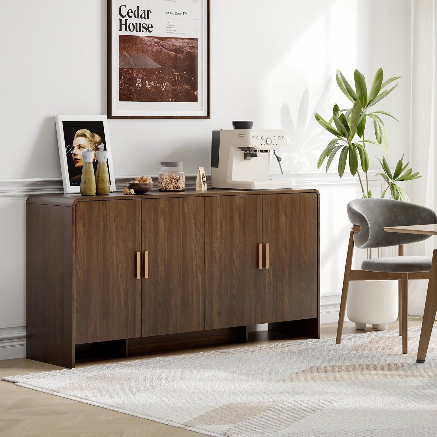 60" Curved Sideboard Buffet Cabinet with 4 Doors and Adjustable Shelves, Farmhouse Coffee Bar Storage for Living Room, Kitchen, or Hallway, Walnut