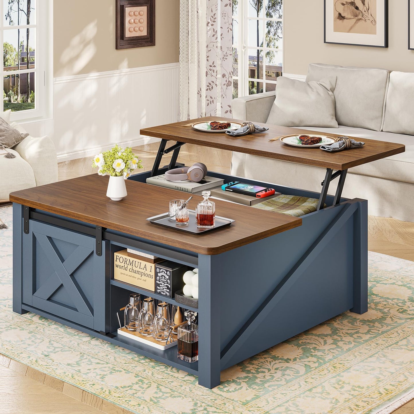 SEDETA 31.5" Lift Top Square Coffee Table with Storage – Farmhouse Living Room Table featuring Large Hidden Compartment, Adjustable Shelves & Stylish Blue Finish