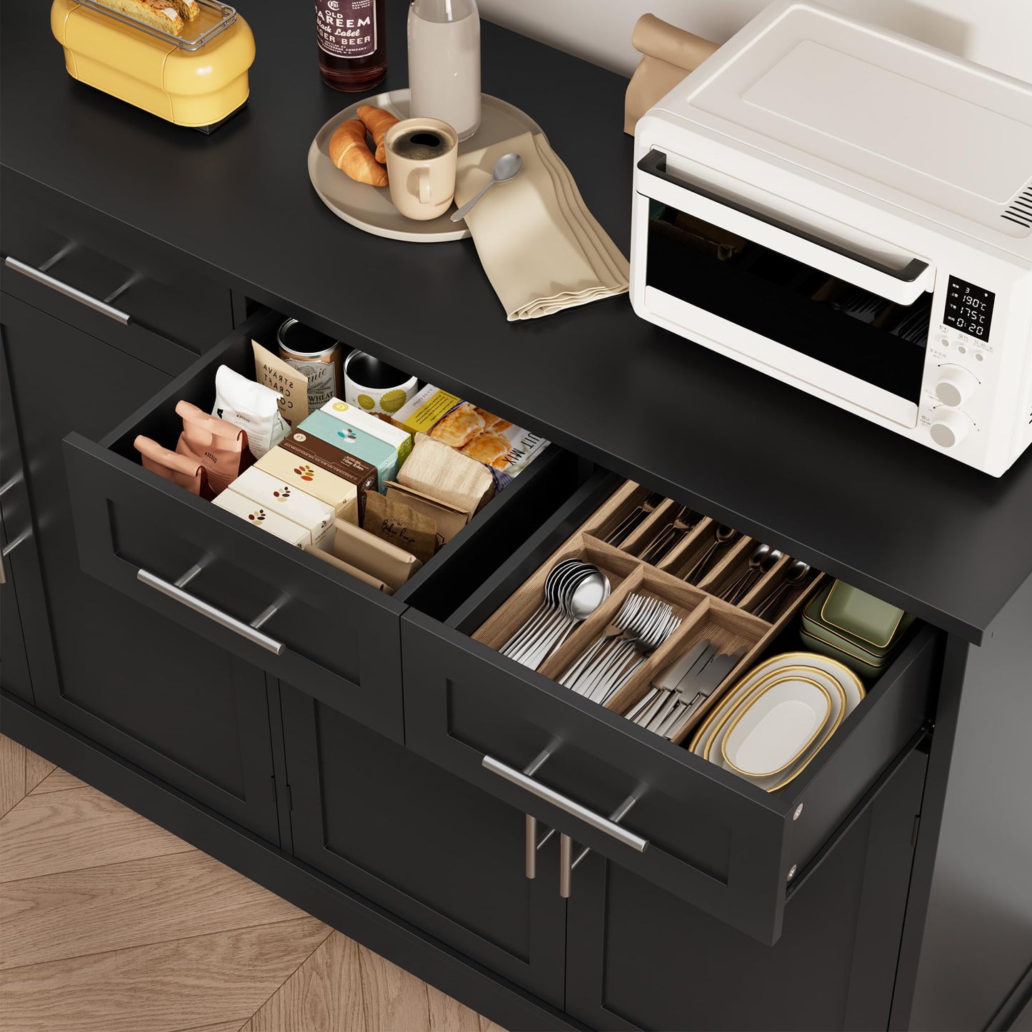 60" Large Buffet Sideboard with 4 Drawers and Storage, 36" Tall Modern Kitchen Cabinet with Silver Handles, Black