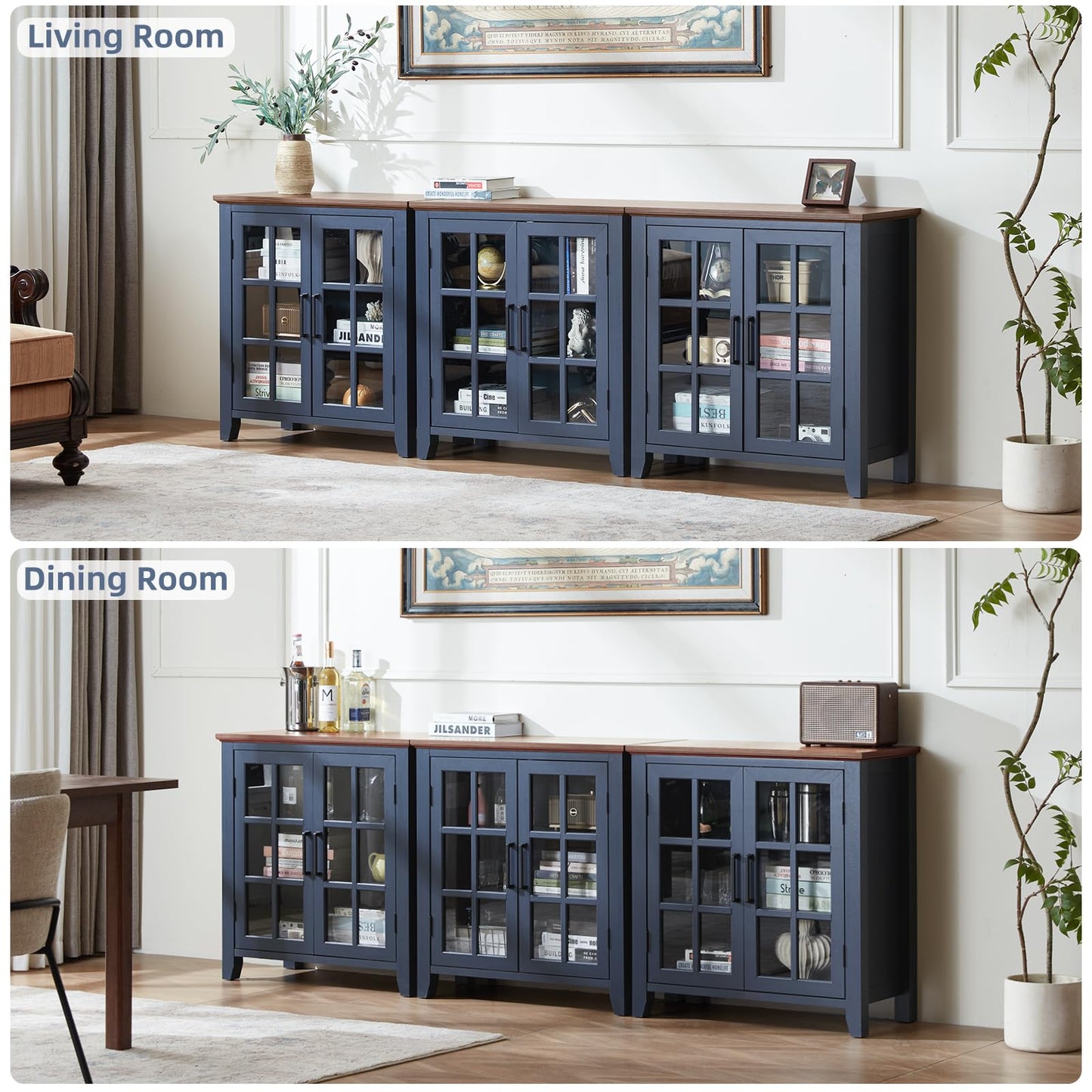 **32" Large Farmhouse Sideboard Buffet Cabinet with Storage, Wood Coffee & Wine Bar Cabinet with 2 Glass Doors, Mid-Century Modern Sideboard for Dining Room or Living Room, Navy Blue**