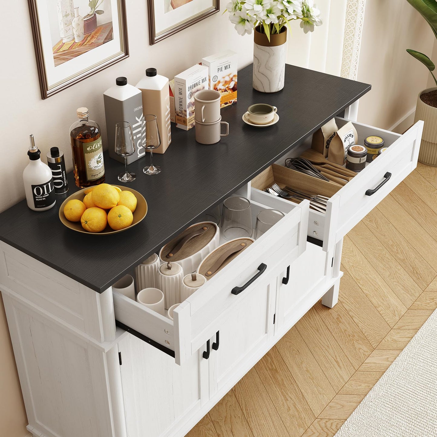 48" Farmhouse Buffet Sideboard Cabinet with 2 Drawers and 3 Doors, Wood Coffee Bar Cabinet with Adjustable Shelves for Kitchen or Living Room, Off White & Black