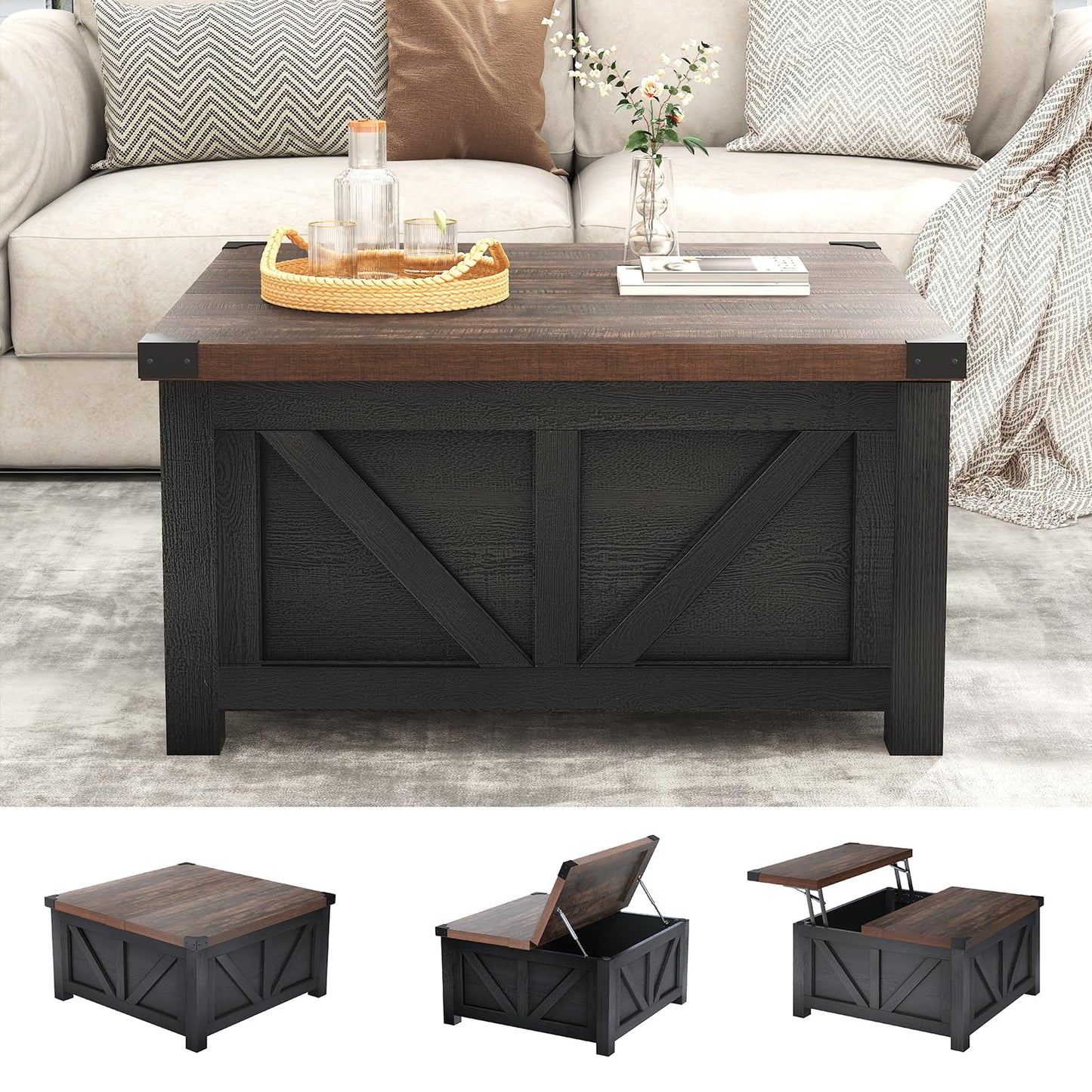 Farmhouse Lift Top Coffee Table with Storage and Charging Station – Black Wood Square Center Table with USB Ports, Hidden Compartment, and Large Storage Space for Living Room, Bedroom, or Home Office