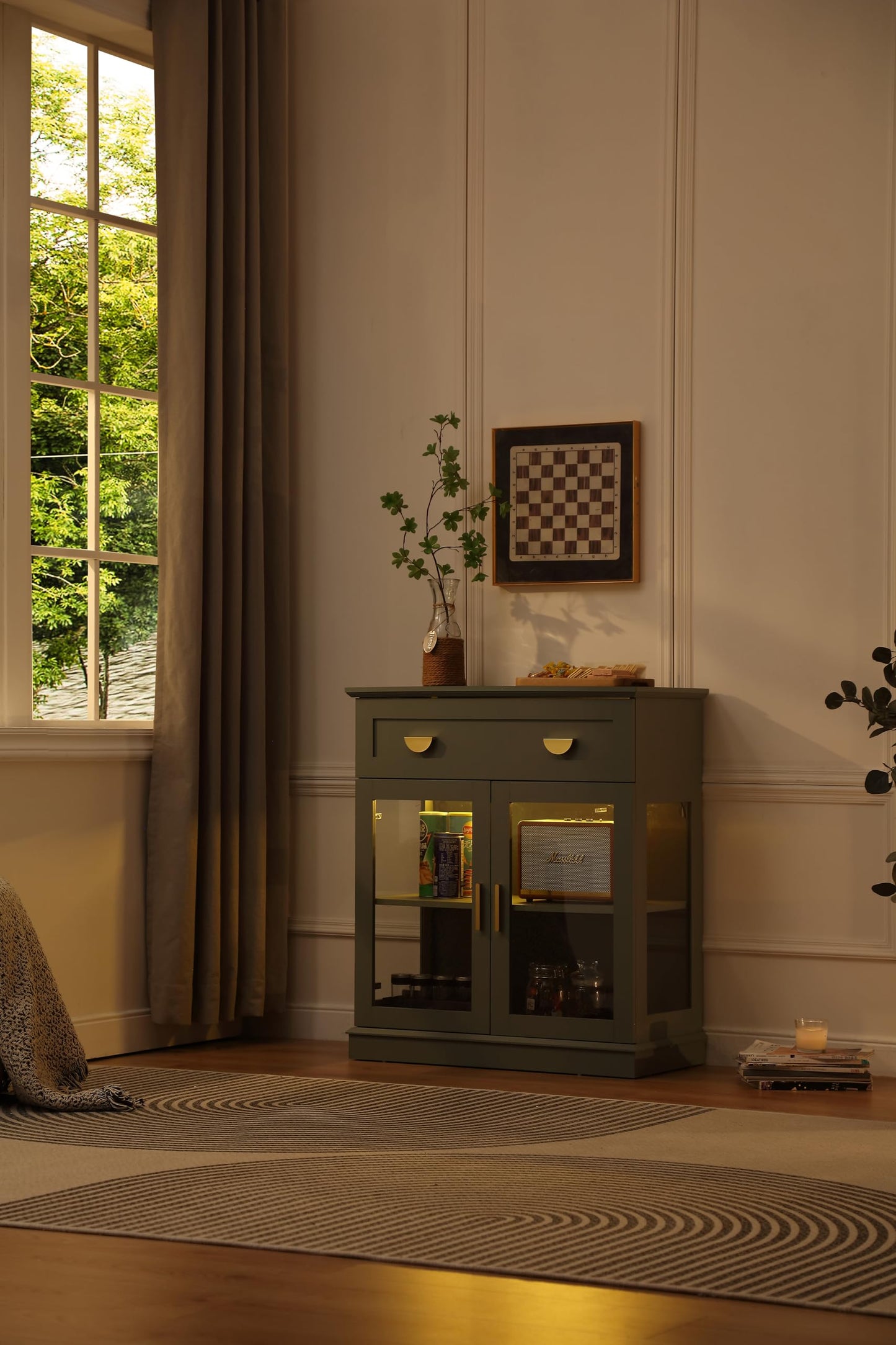 **31.5'' Small Buffet Cabinet with Glass Doors, Compact Coffee Bar Cabinet with Storage, Modern Sideboard Buffet with Adjustable Shelf and Drawer for Kitchen, Dining Room, and Living Room, Green**