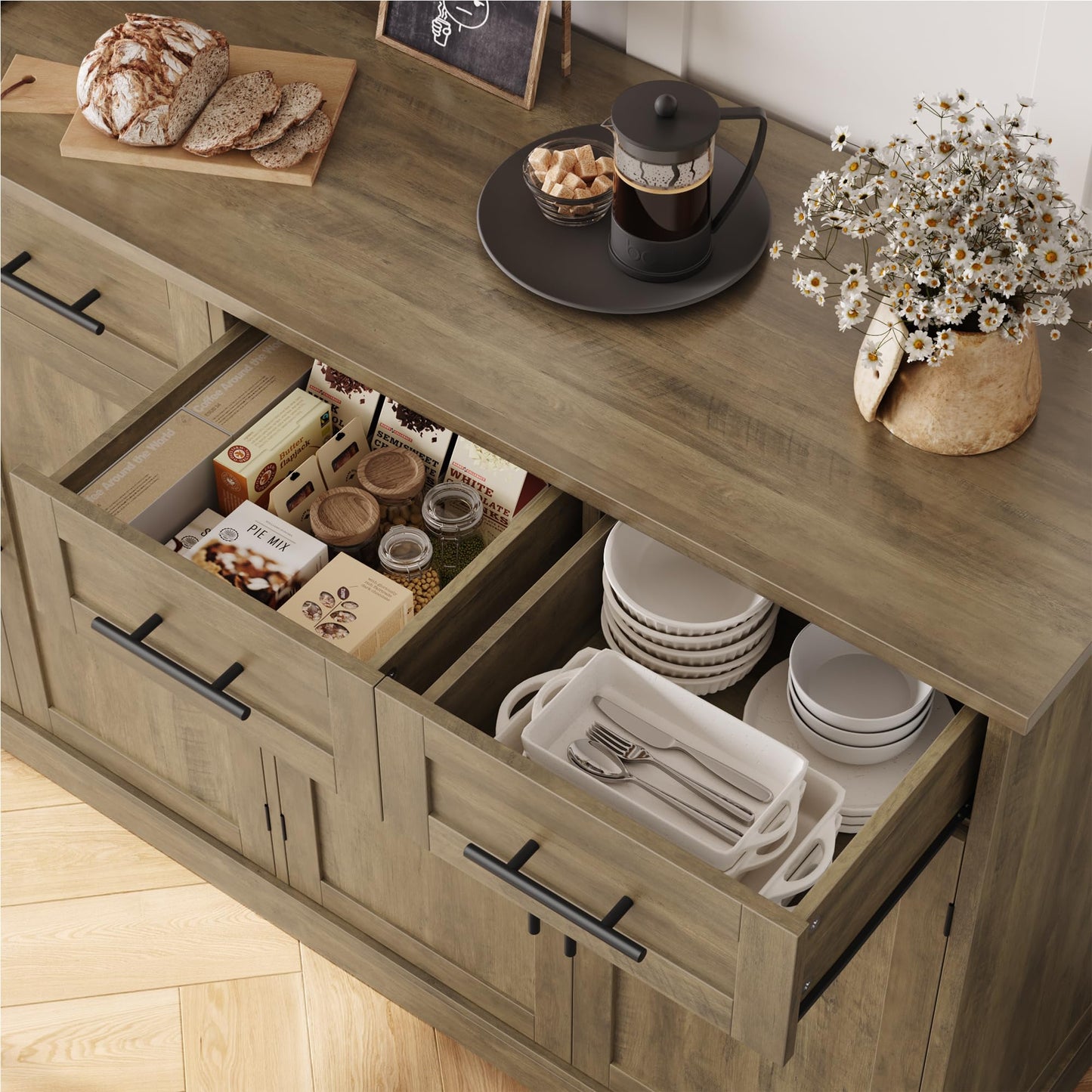 60" Large Buffet Sideboard with 4 Drawers and Storage, 36" Tall Modern Kitchen Cabinet with Black Handles, Rustic Brown