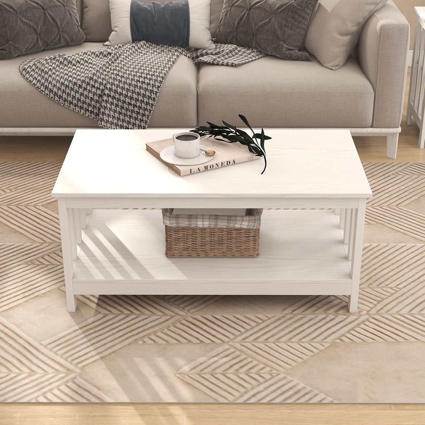 White Farmhouse Coffee Table with Shelf, 40 Inch Living Room Table