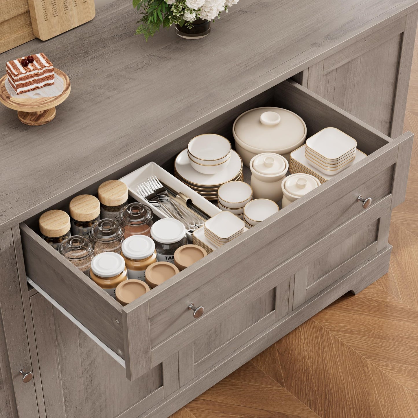 **HITHOS 54" Modern Buffet Cabinet with Storage, Ash Grey Kitchen Sideboard with Drawer, Wood Coffee Bar Station with Adjustable Shelves for Living Room**