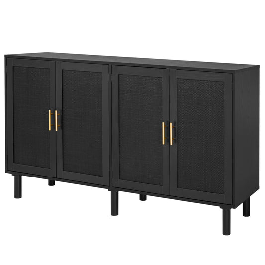 4-Door Sideboard Buffet Cabinet with Black Painted Rattan Doors, Boho Kitchen Storage Console Table and Liquor Cabinet, 62.3" x 15.7" x 34.6", Full Black