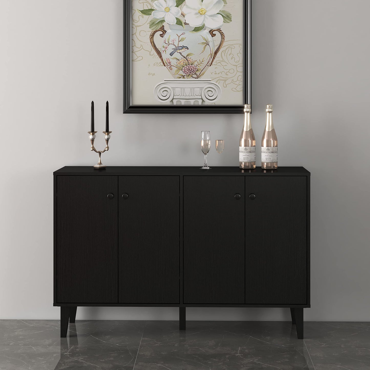 Black Sideboard Buffet Cabinet with 4 Doors, Kitchen and Living Room Storage Console Table