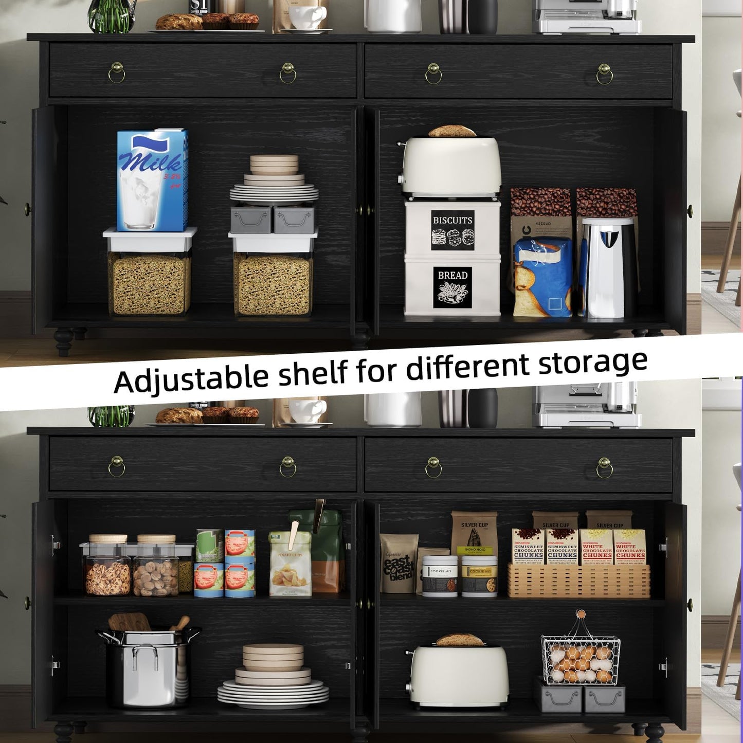 **55" Buffet Cabinet with Storage, Black Sideboard with Drawers and Doors, Coffee Bar for Dining Room**