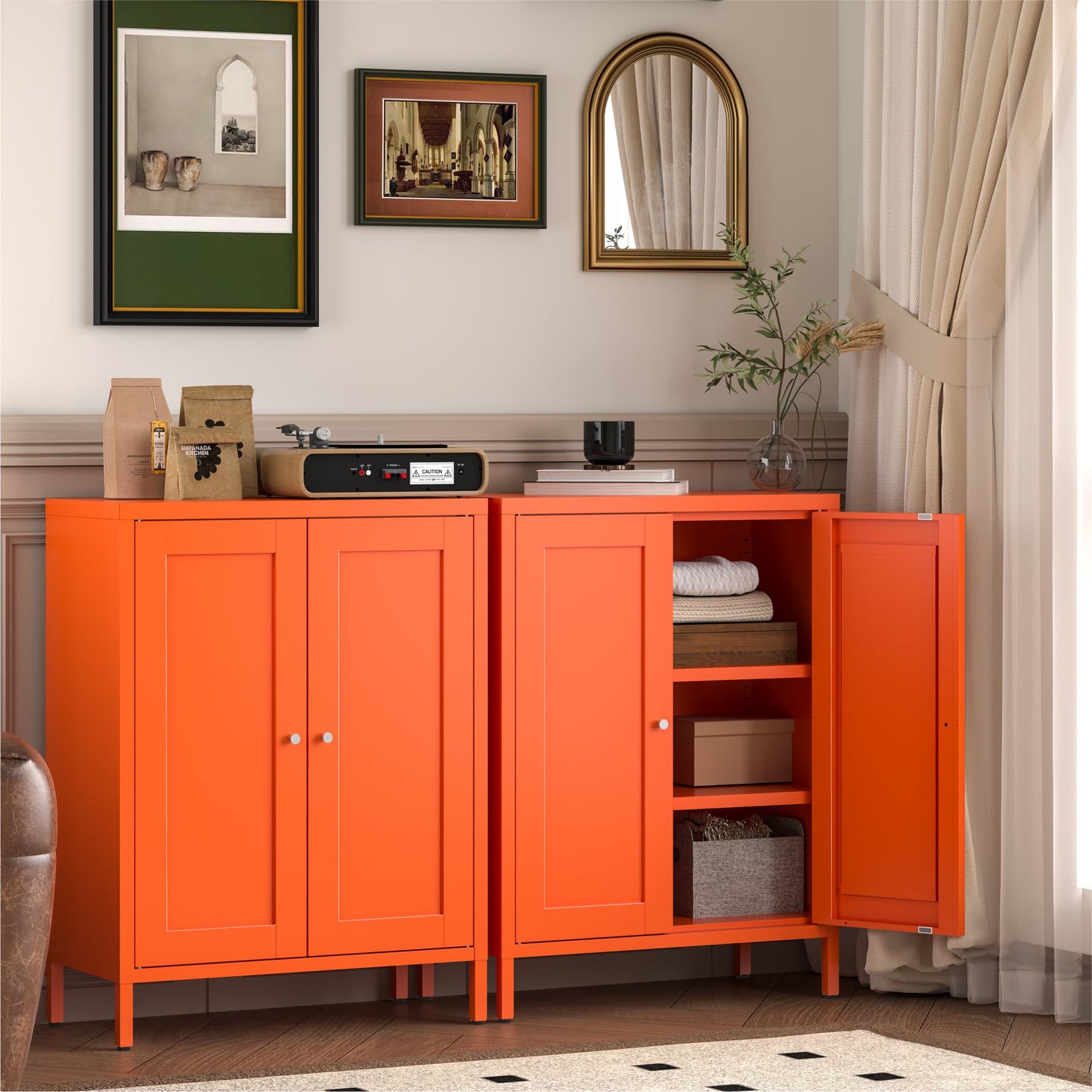 Metal Bathroom Storage Cabinet with 2 Doors and 2 Adjustable Shelves, Freestanding Sideboard for Small Spaces, Living Room or Dining Room, Orange