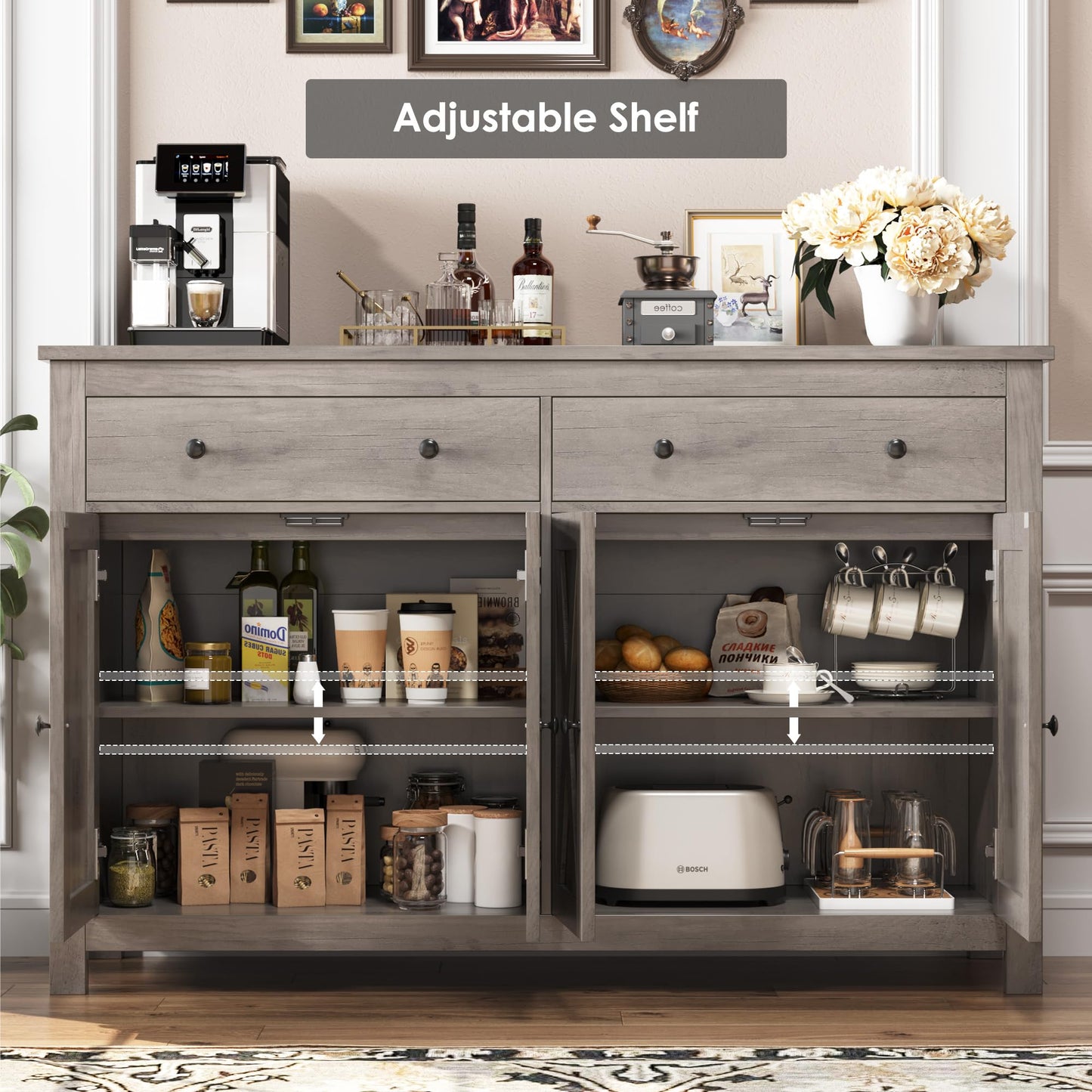 55" Large Sideboard Buffet Cabinet with 2 Drawers and 4 Doors, Wood Storage Buffet Table for Kitchen or Dining Room, Ash Grey