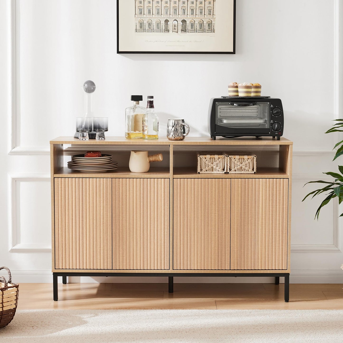Farmhouse Buffet Sideboard Cabinet with Storage, Fluted Natural Coffee Bar Station Table with Doors and Adjustable Shelves, Modern Wood Cupboard for Kitchen