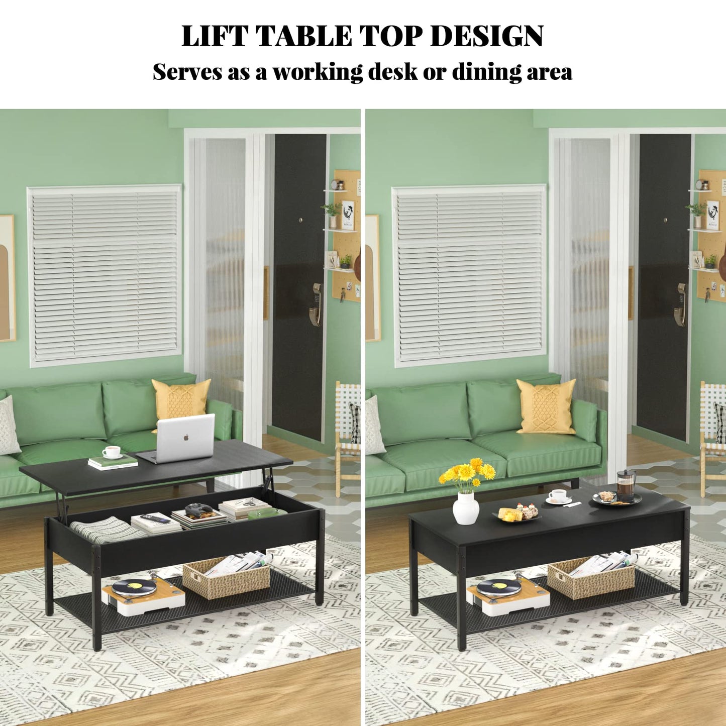 Lift Top Coffee Table with Storage Shelf and Hidden Compartment, Modern Wood and Metal Table for Living Room, Black