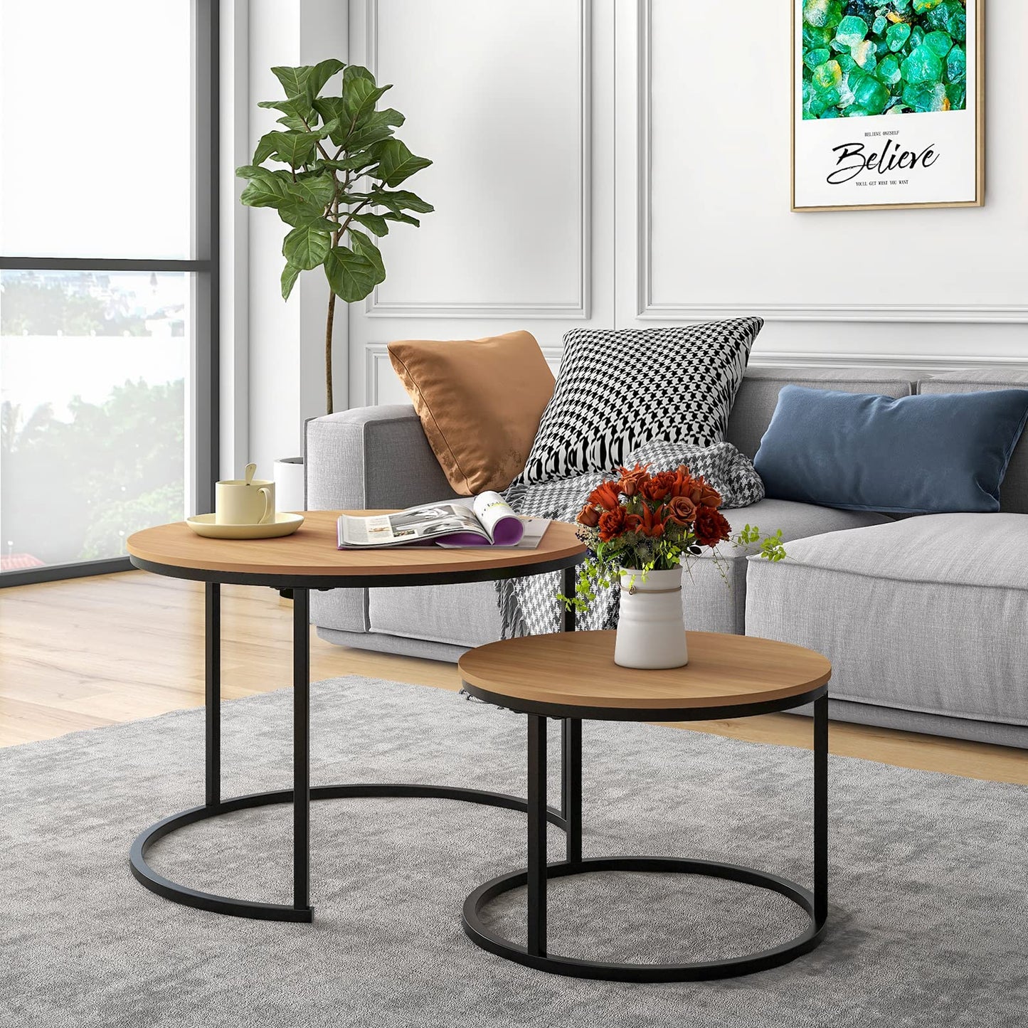 Industrial Round Coffee Table Set of 2, Stacking Side Tables with Wood-Look Top and Metal Frame for Living Room, Black/Teak