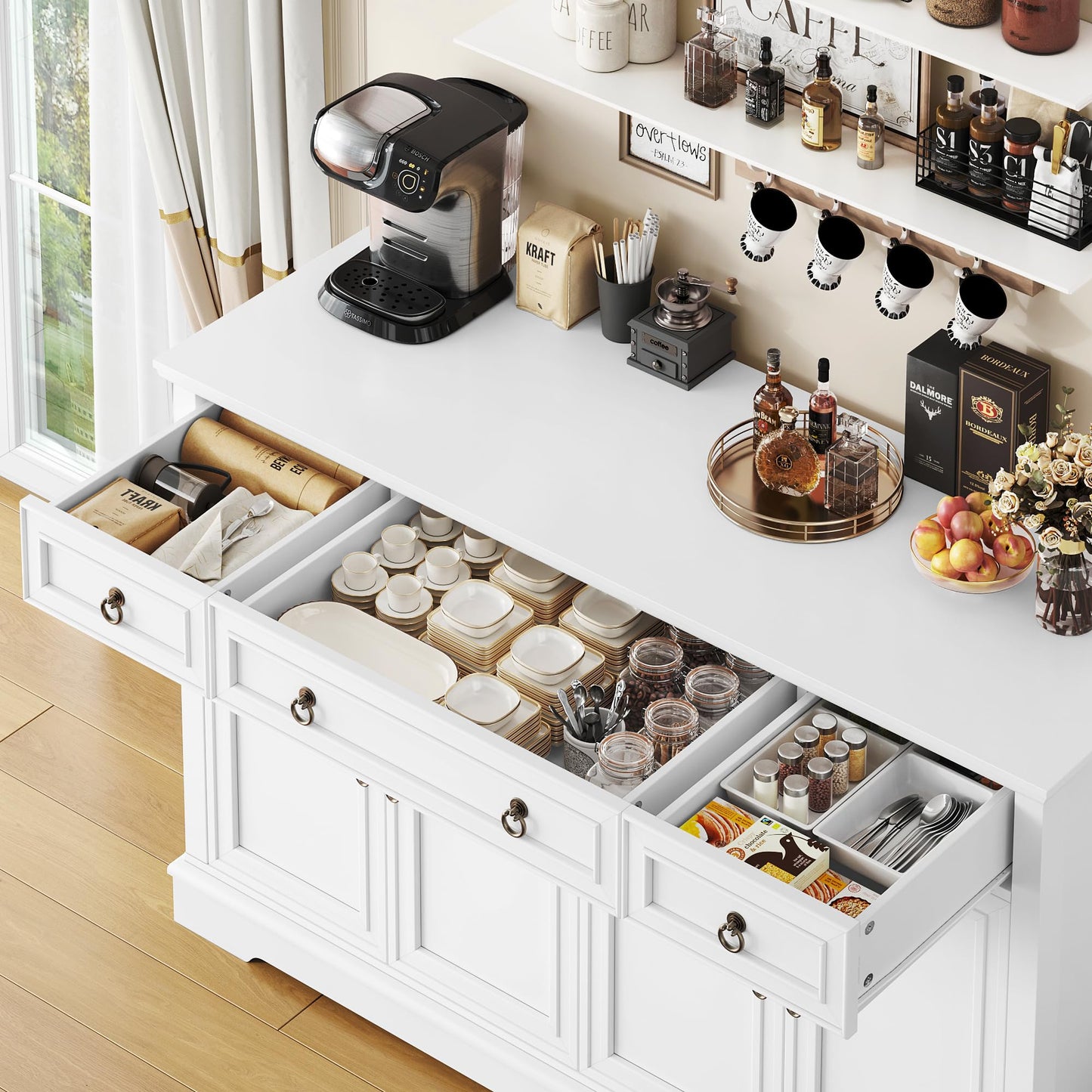 FINETONES 52.7" Large Buffet Cabinet with Storage, Modern Sideboard with 3 Drawers and 4 Doors, Wooden Coffee Bar Cabinet for Kitchen, Dining Room, or Living Room, White