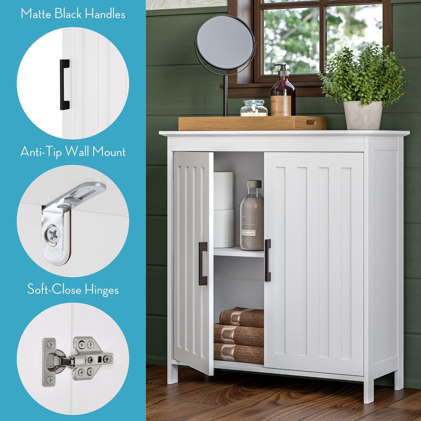 Two-Door Floor Storage Cabinet with Adjustable Shelves, Bathroom Storage with Soft-Close Doors, White Finish with Matte Black Handles