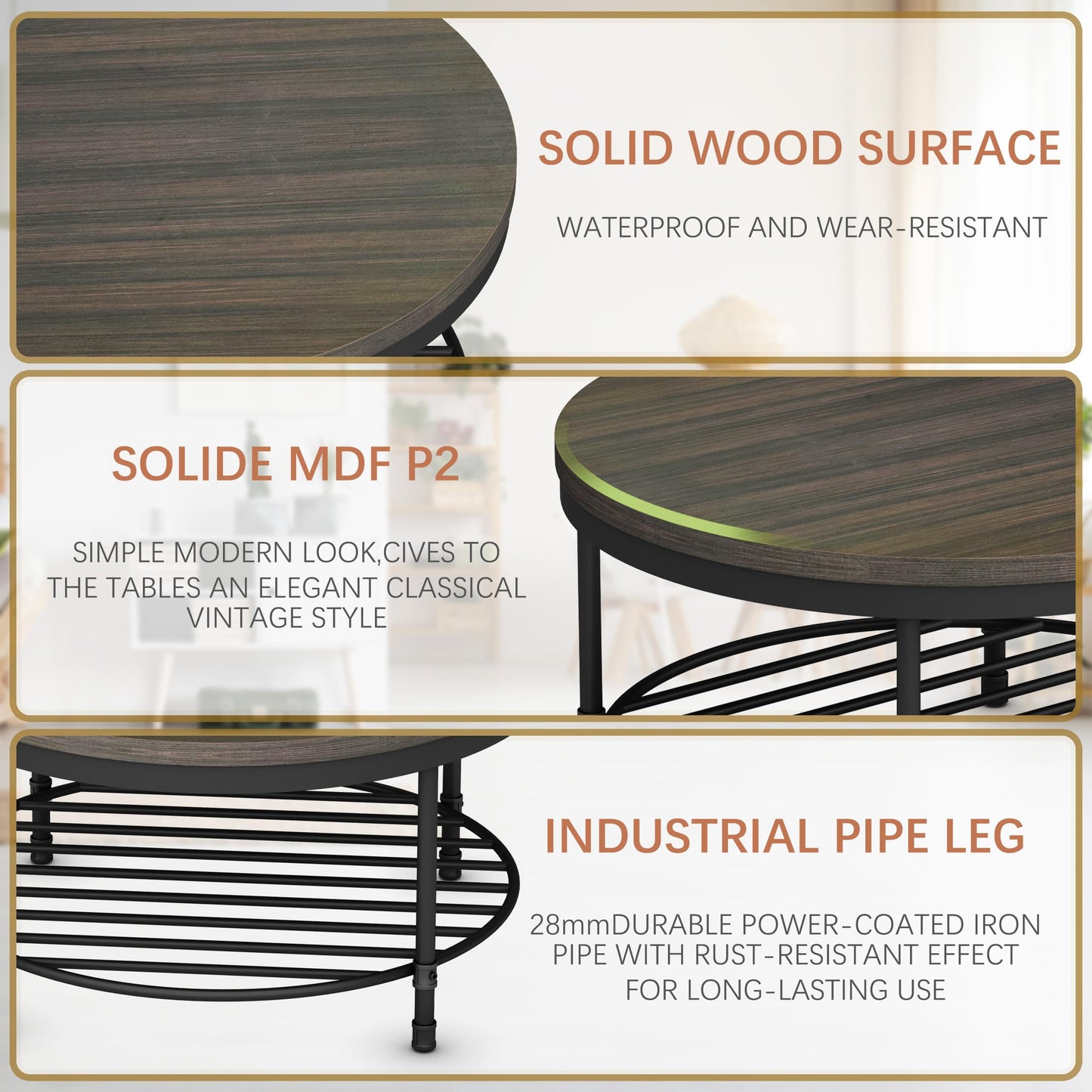 NSdirect 36" Round Coffee Table with Storage Shelf – Dark Grey Brown Vintage Wood Top & Sturdy Metal Legs, 18.5" Height Modern Center Table for Living Room or Small Spaces