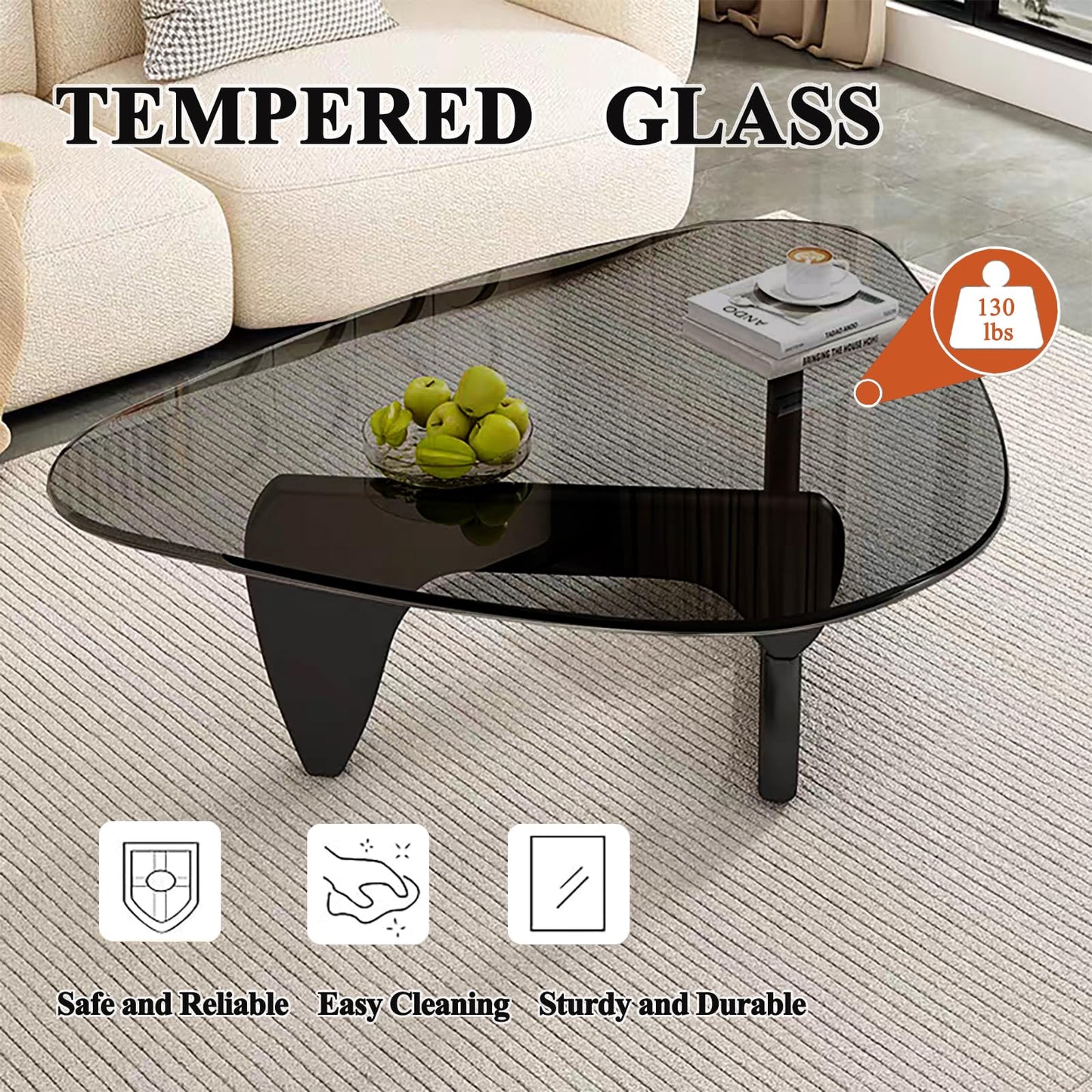 Mid Century Modern Glass Coffee Table, Small Coffee Table for Living Room Bedroom Office, Black/Grey Medium